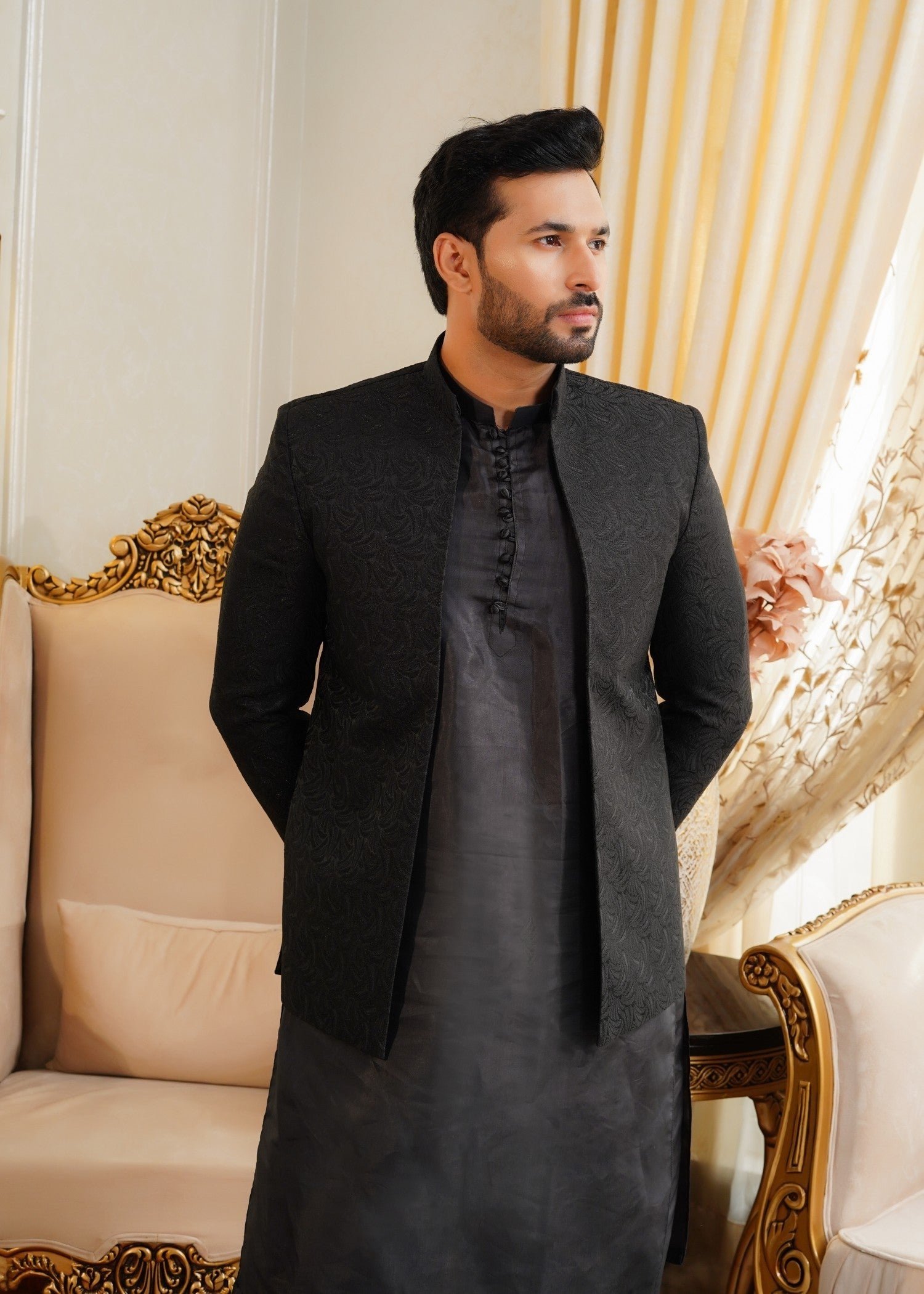 jamawar Prince Coat in Black by Azlan Shahzad