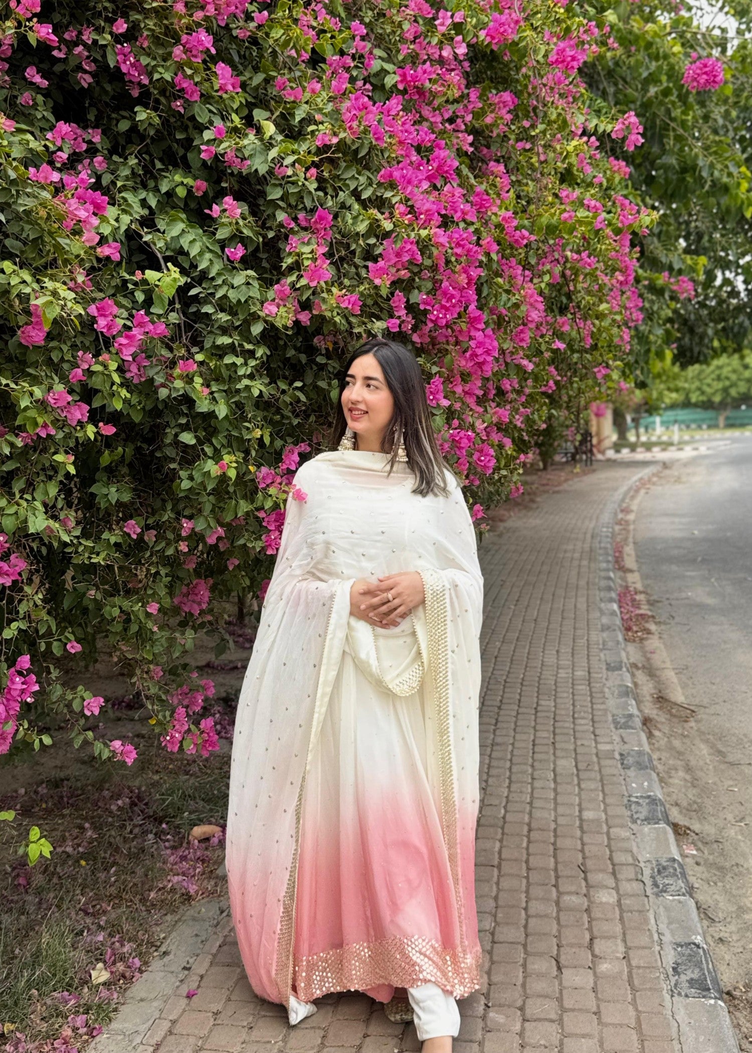 chiffon Pishwas in Tea rose pink, ivory