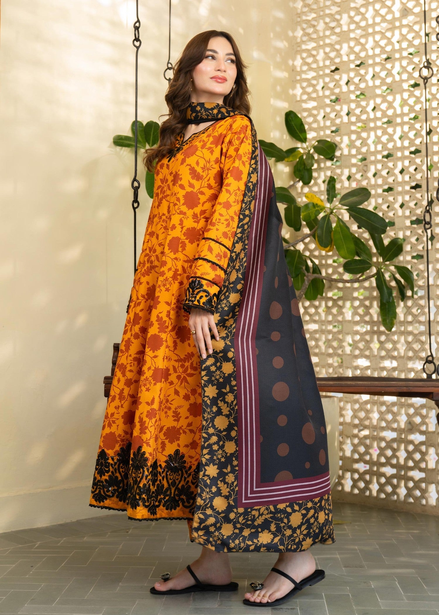 khaddar Gown in Multi