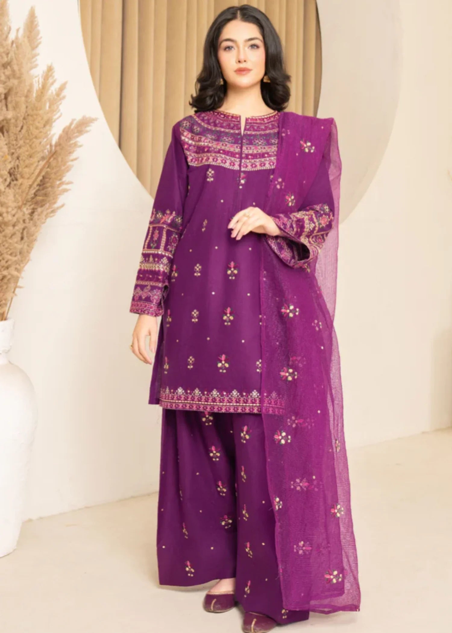 lawn cotton Kurta Set in Purple