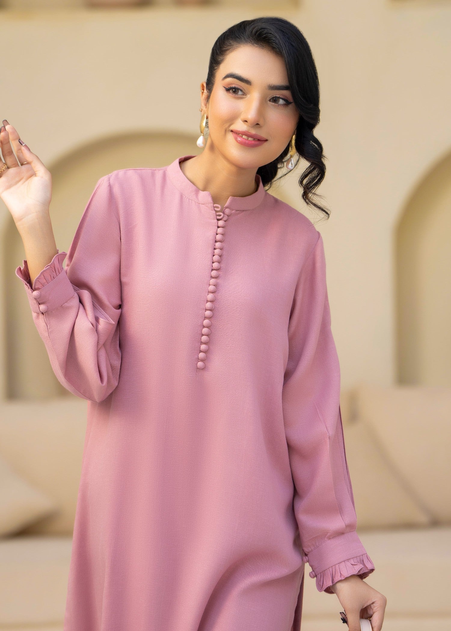 silk karandi Kurta Set in Tea rose pink