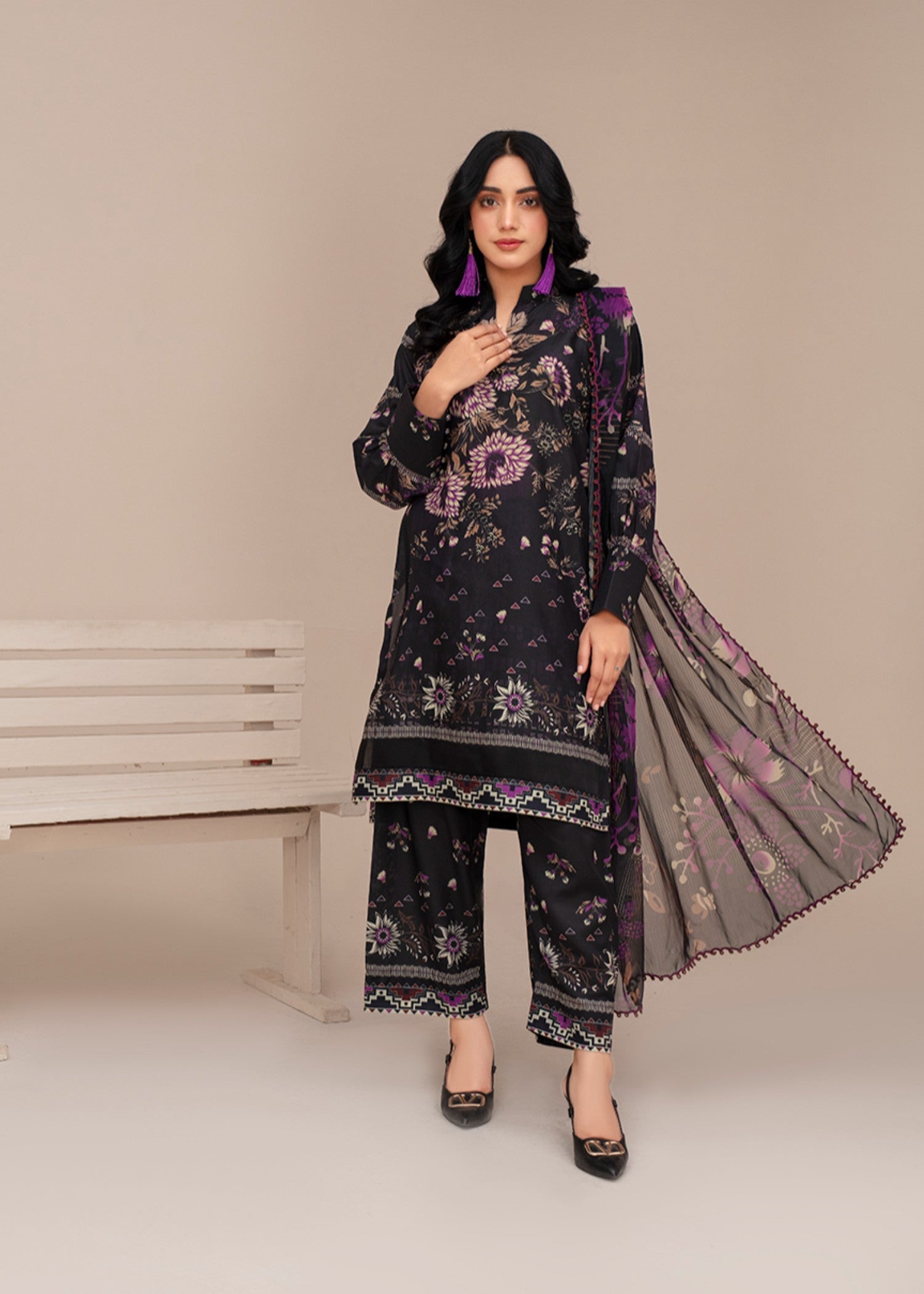 poly lawn Kurta Set in Charcoal black