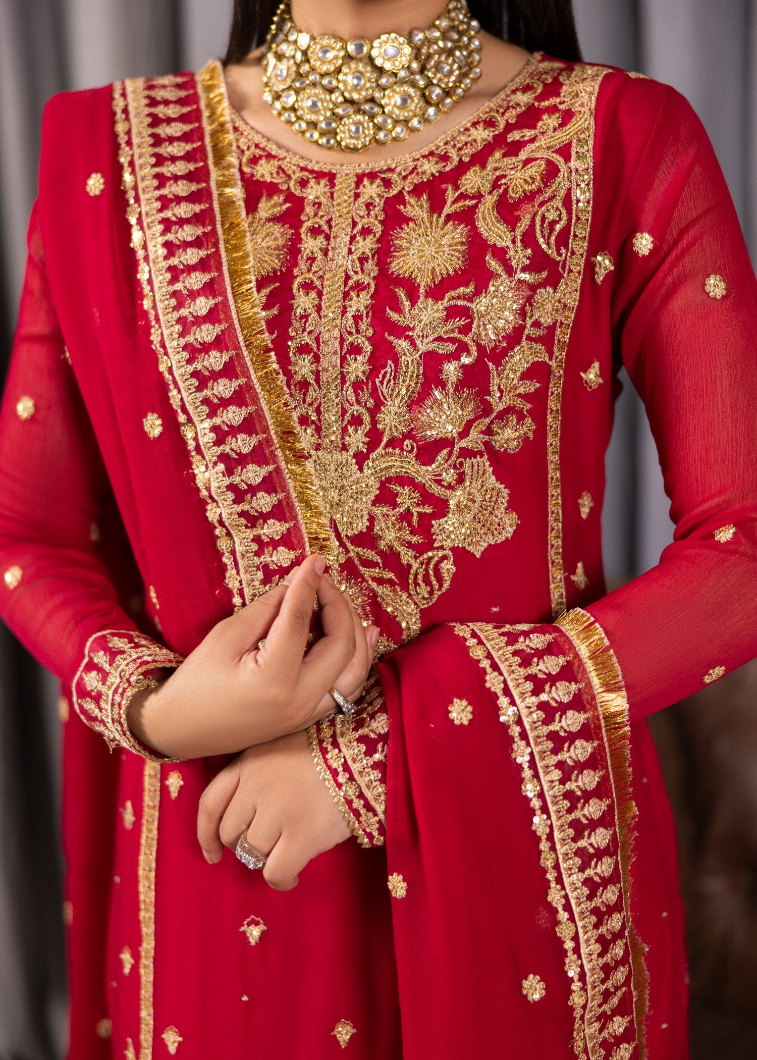bemberg crinkle chiffon Kurta Set in Hot pink red