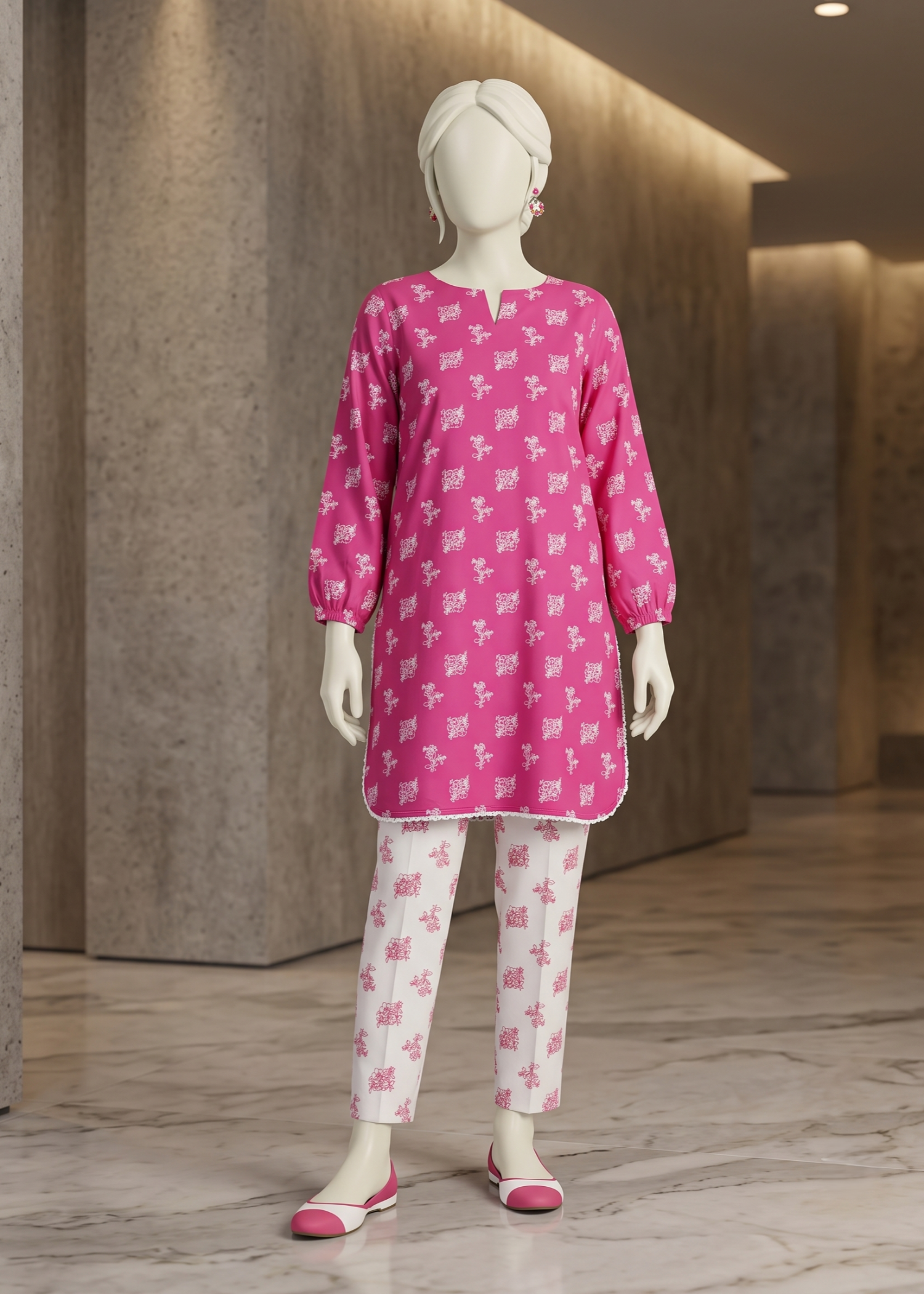 arabic lawn Kurta Set in Shocking pink