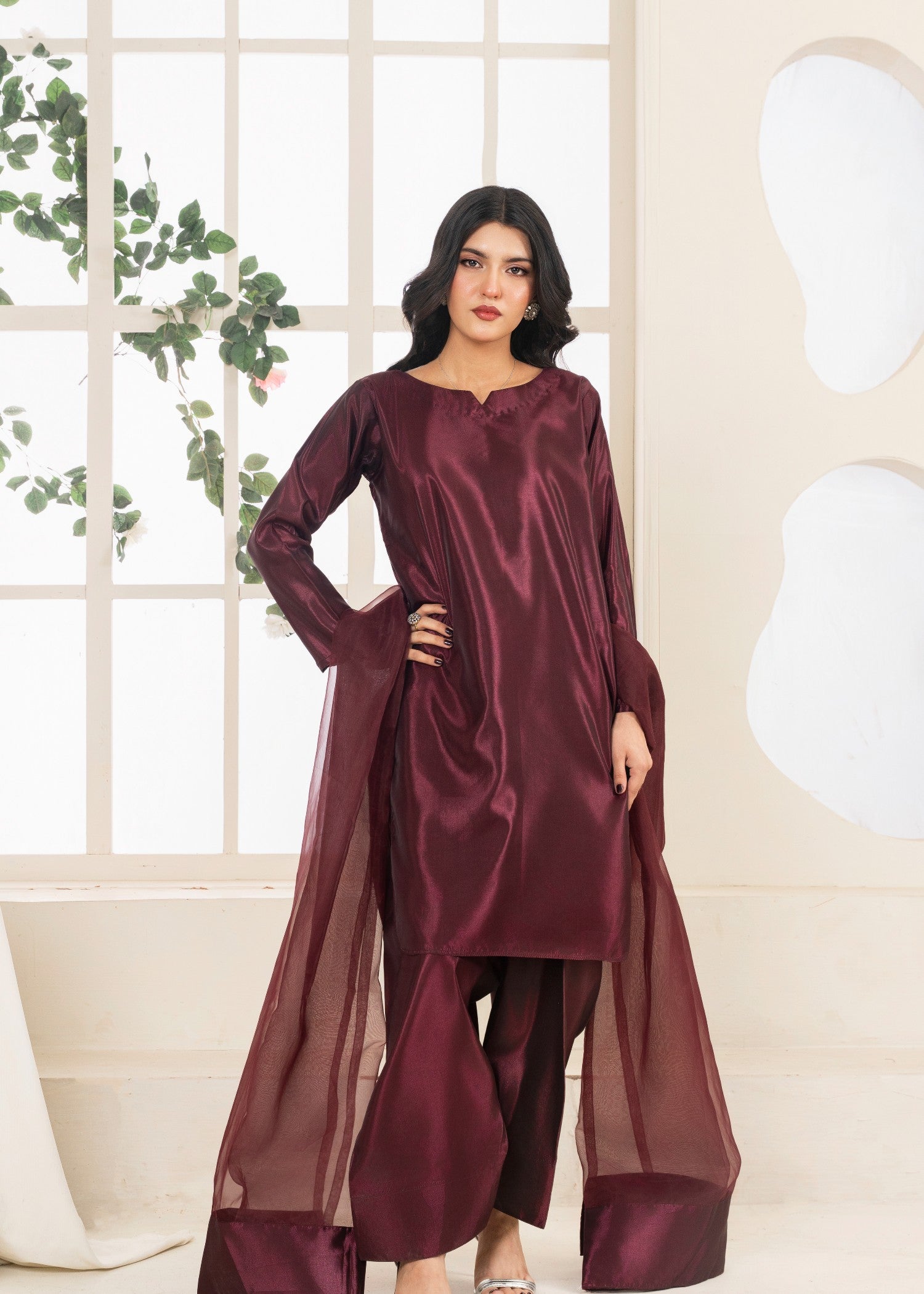 blended kattan silk Kurta Set in Wine