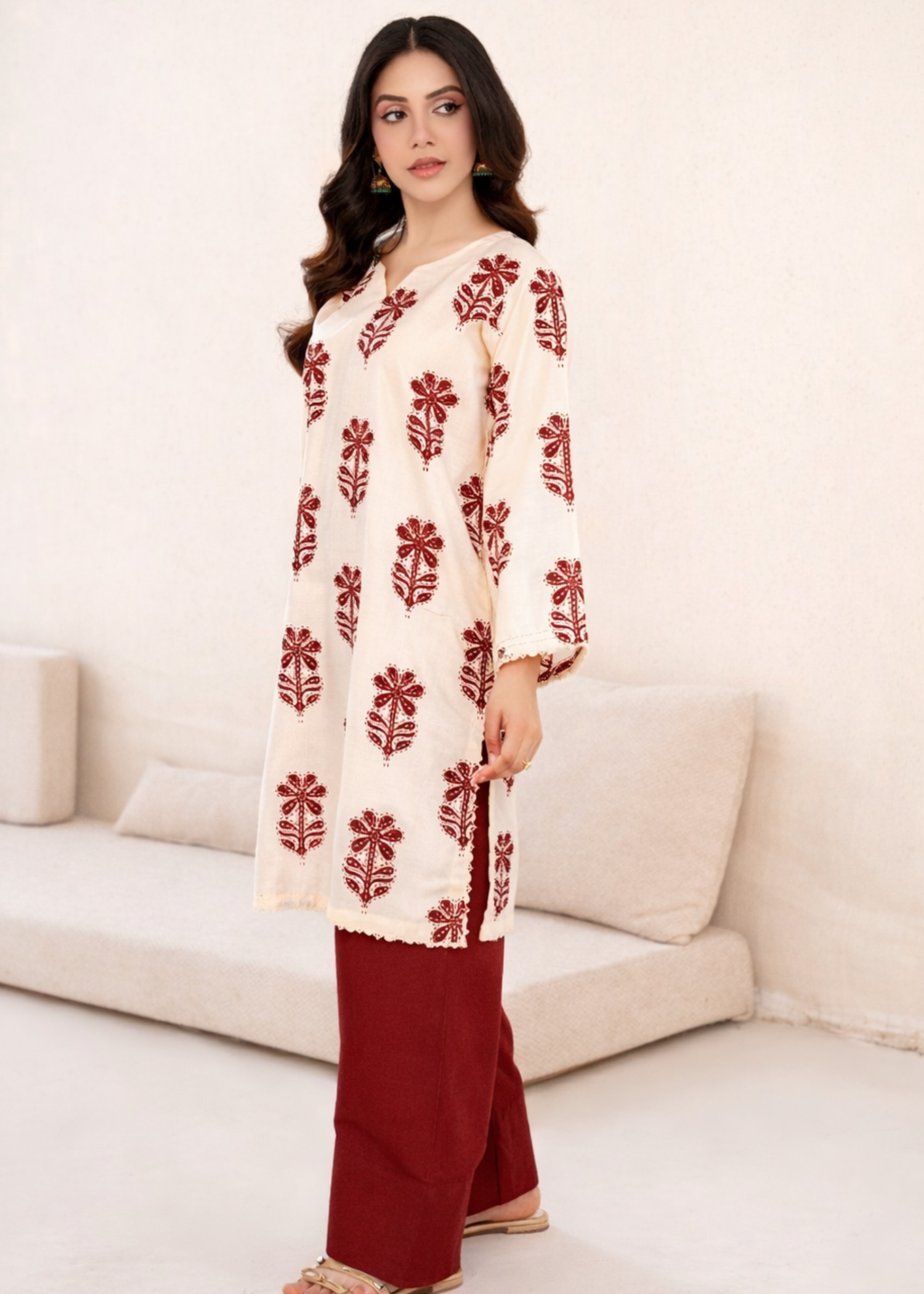 linen Kurta Set in Maroon, cream