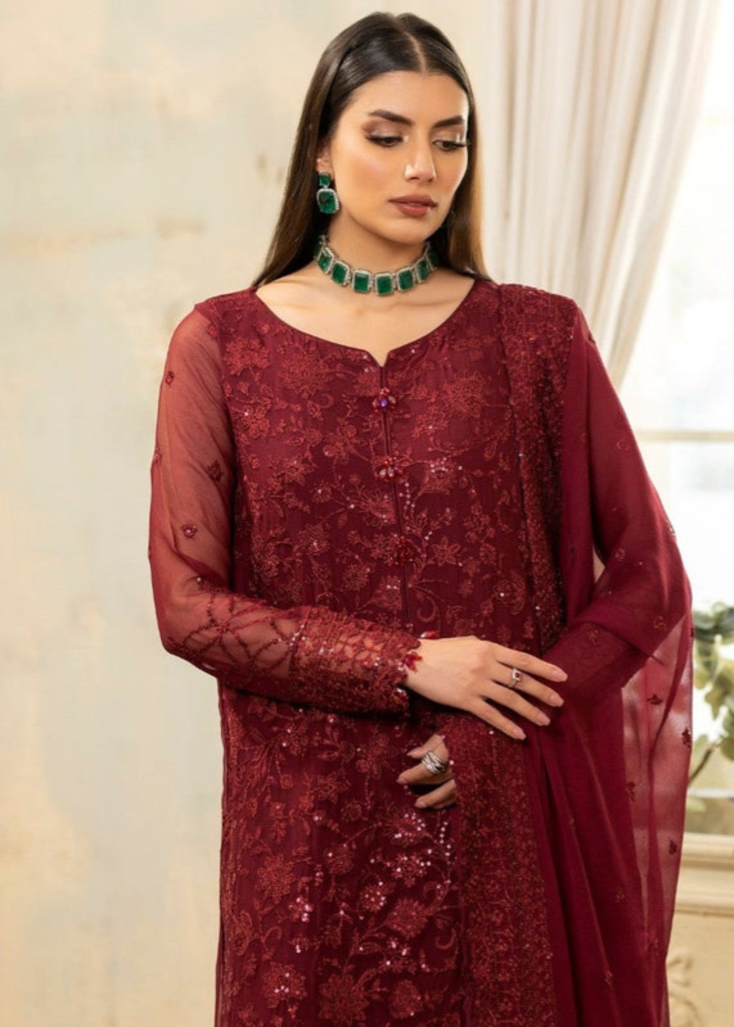 bemberg crinkle chiffon Kurta Set in Red