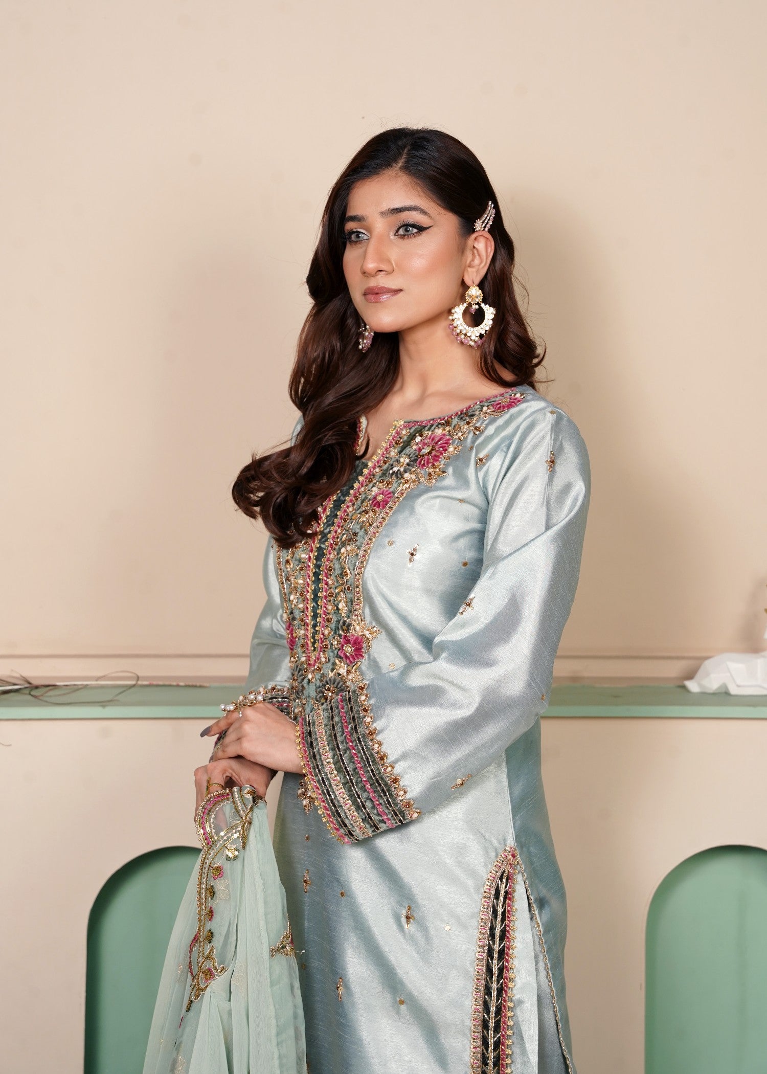 tussar silk Kurta Set in Light blue