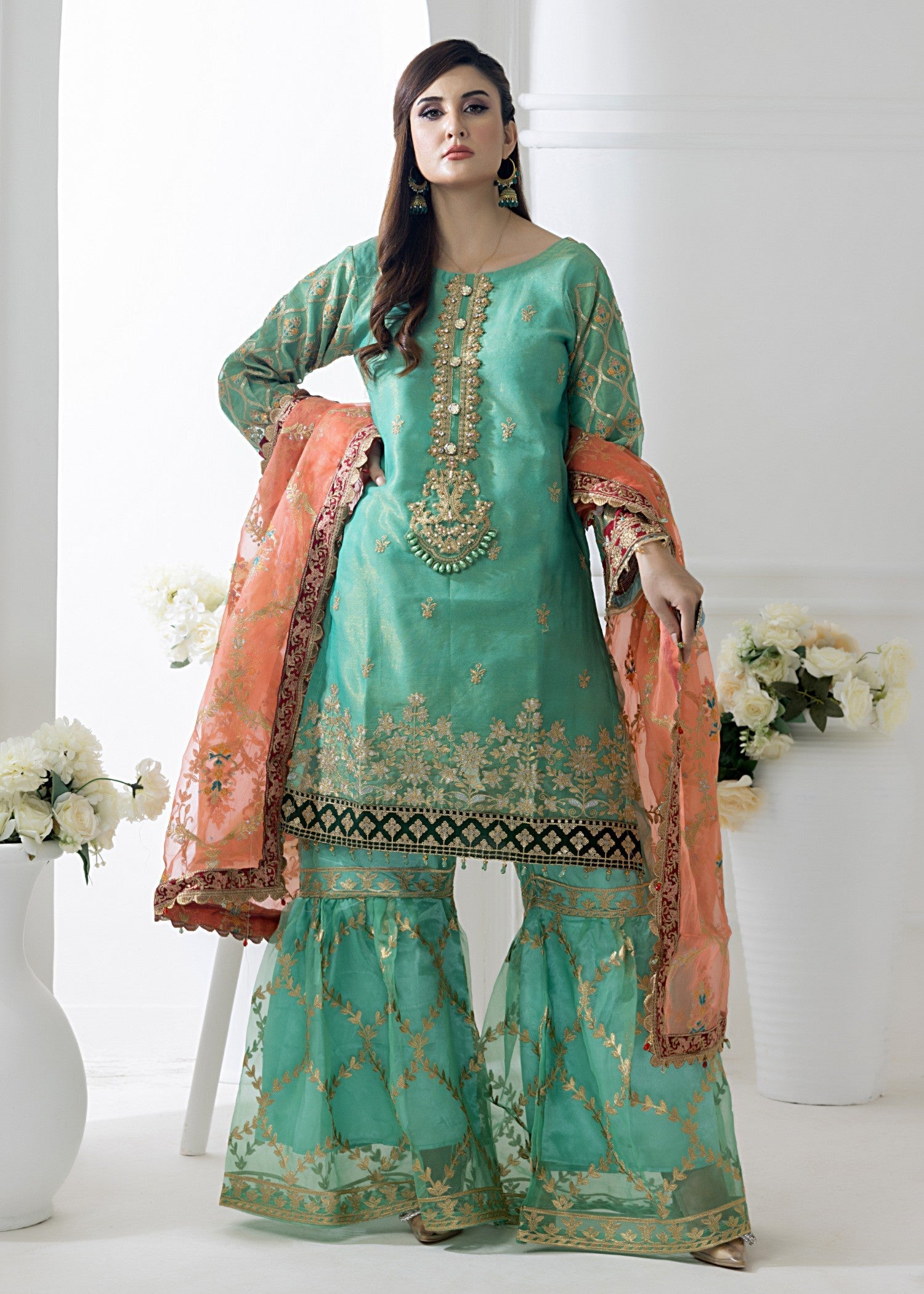 masuri Gharara in Mint green