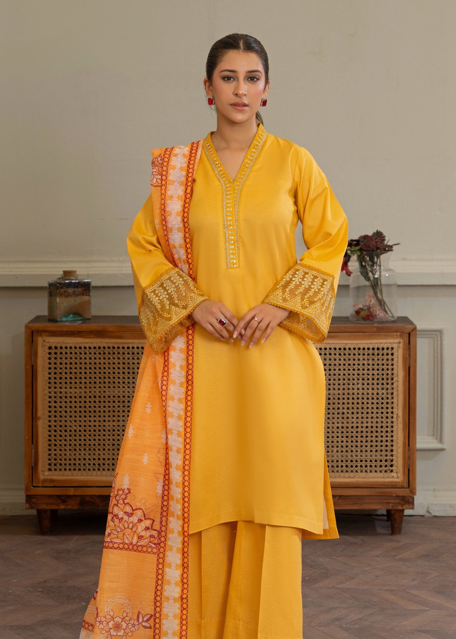 lawn karandi Kurta Set in Marigold