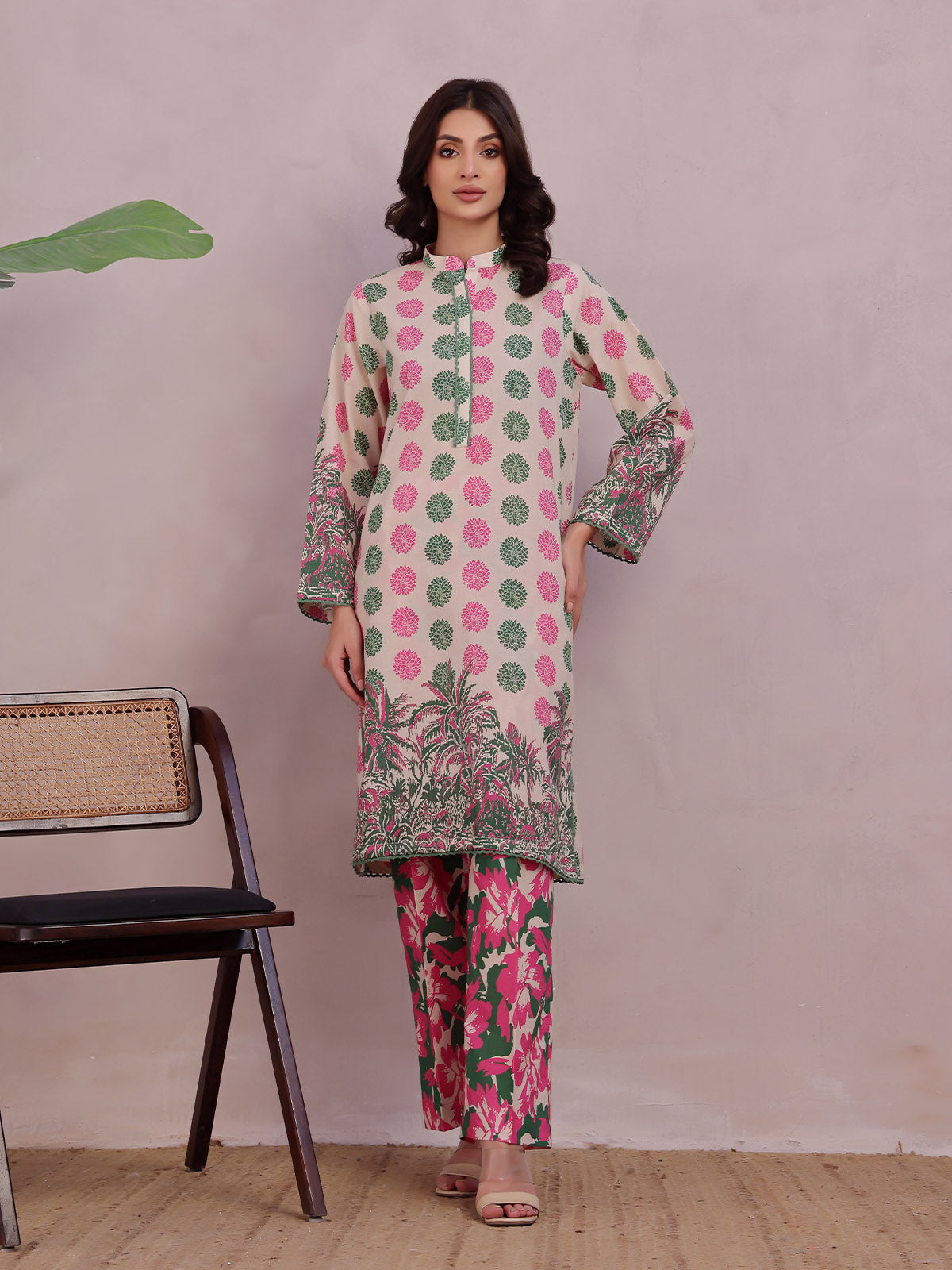 lawn Kurta Set in Green, pink