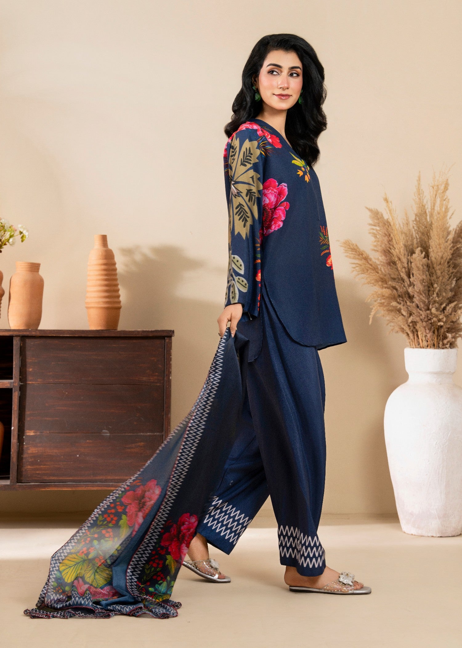 poly lawn Kurta Set in Prussian blue