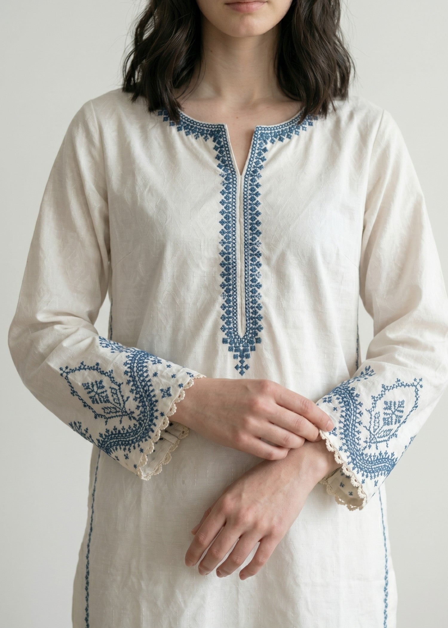 cotton jacquard Kurta Set in Ivory