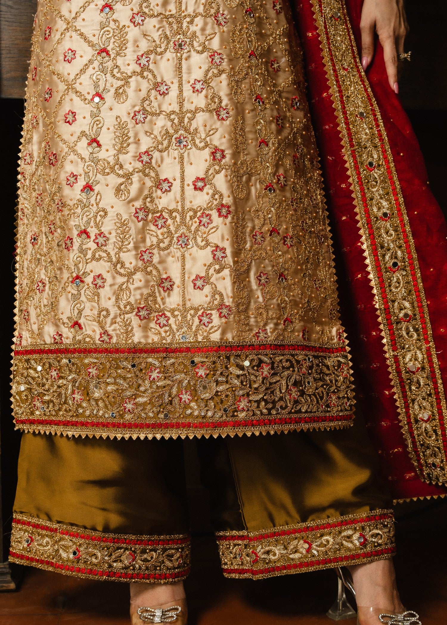 silk charmeuse Kurta Set in Crimson, flax