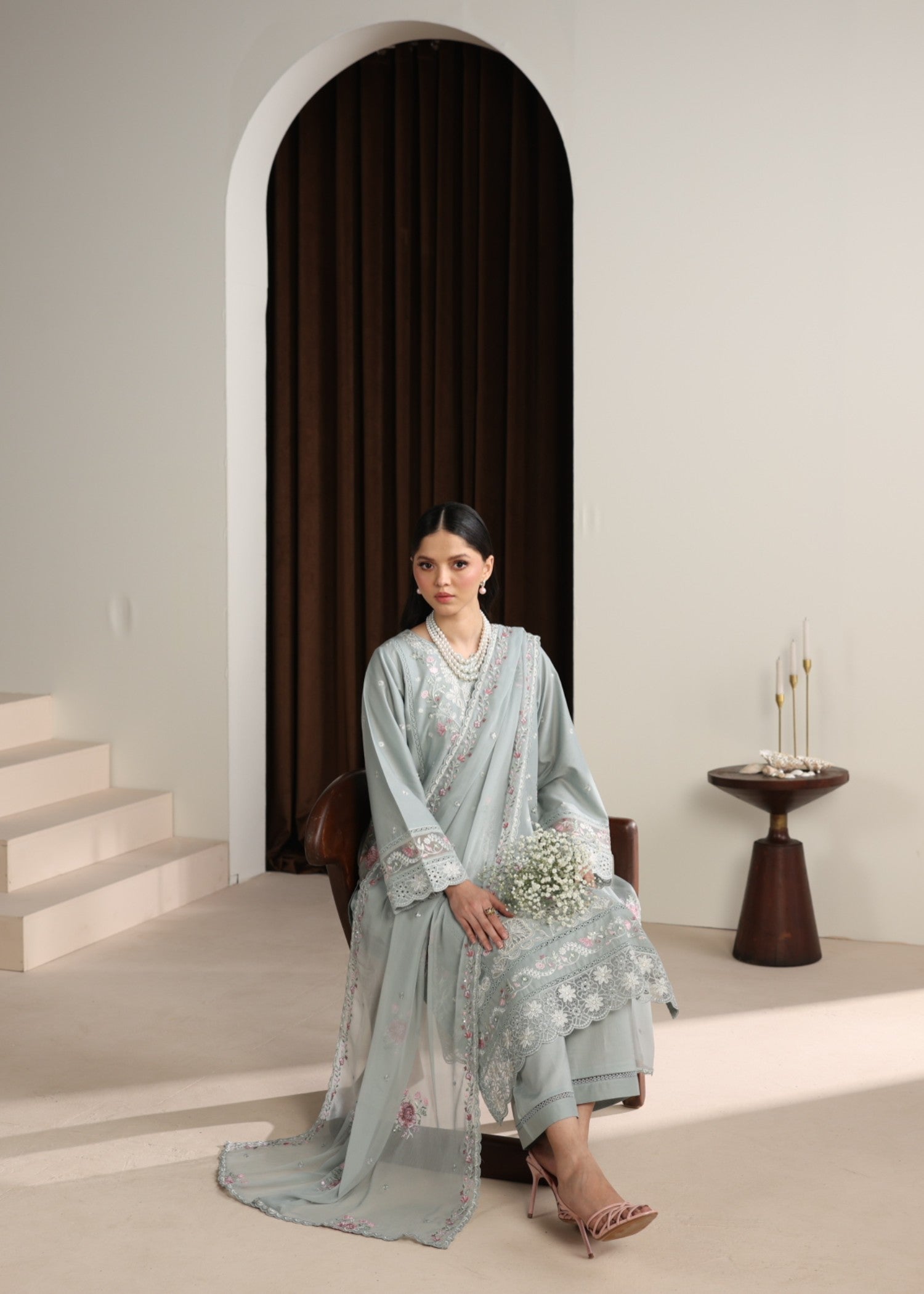 lawn Kurta Set in Ash grey