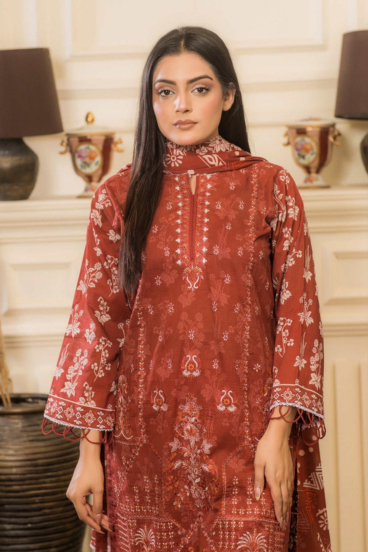 lawn voile Kurta Set in Rust orange