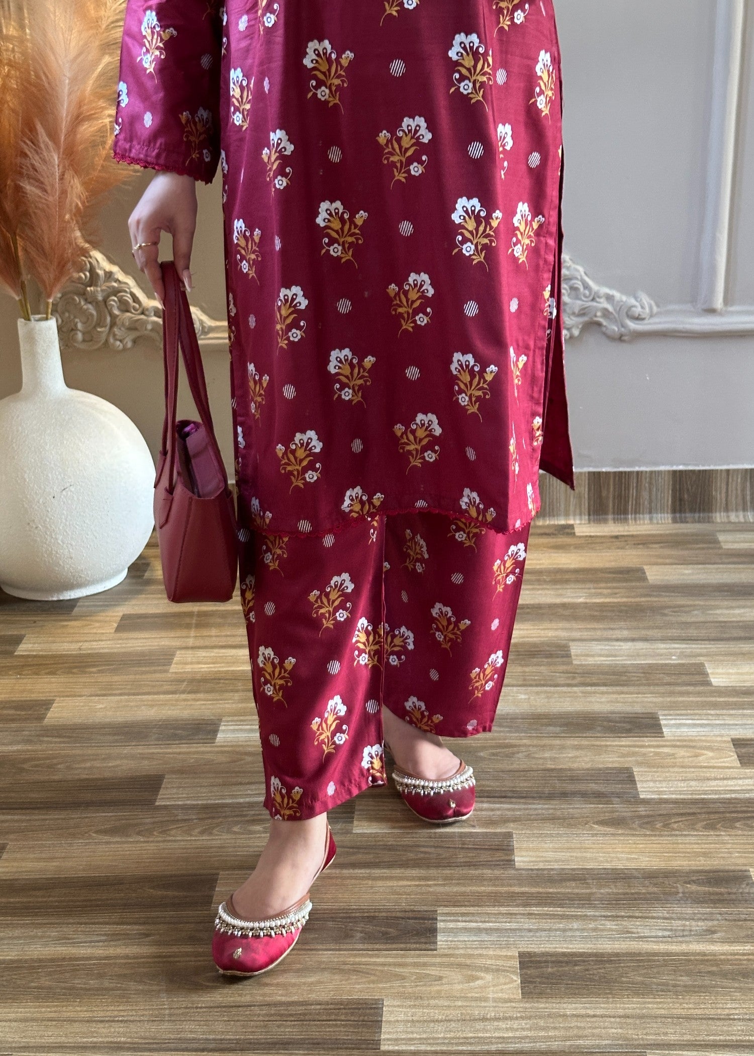arabic lawn Co Ord Sets in Maroon