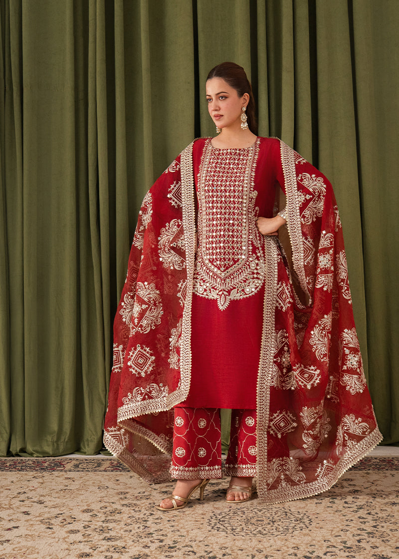 korean raw silk Kurta Set in Spicy red