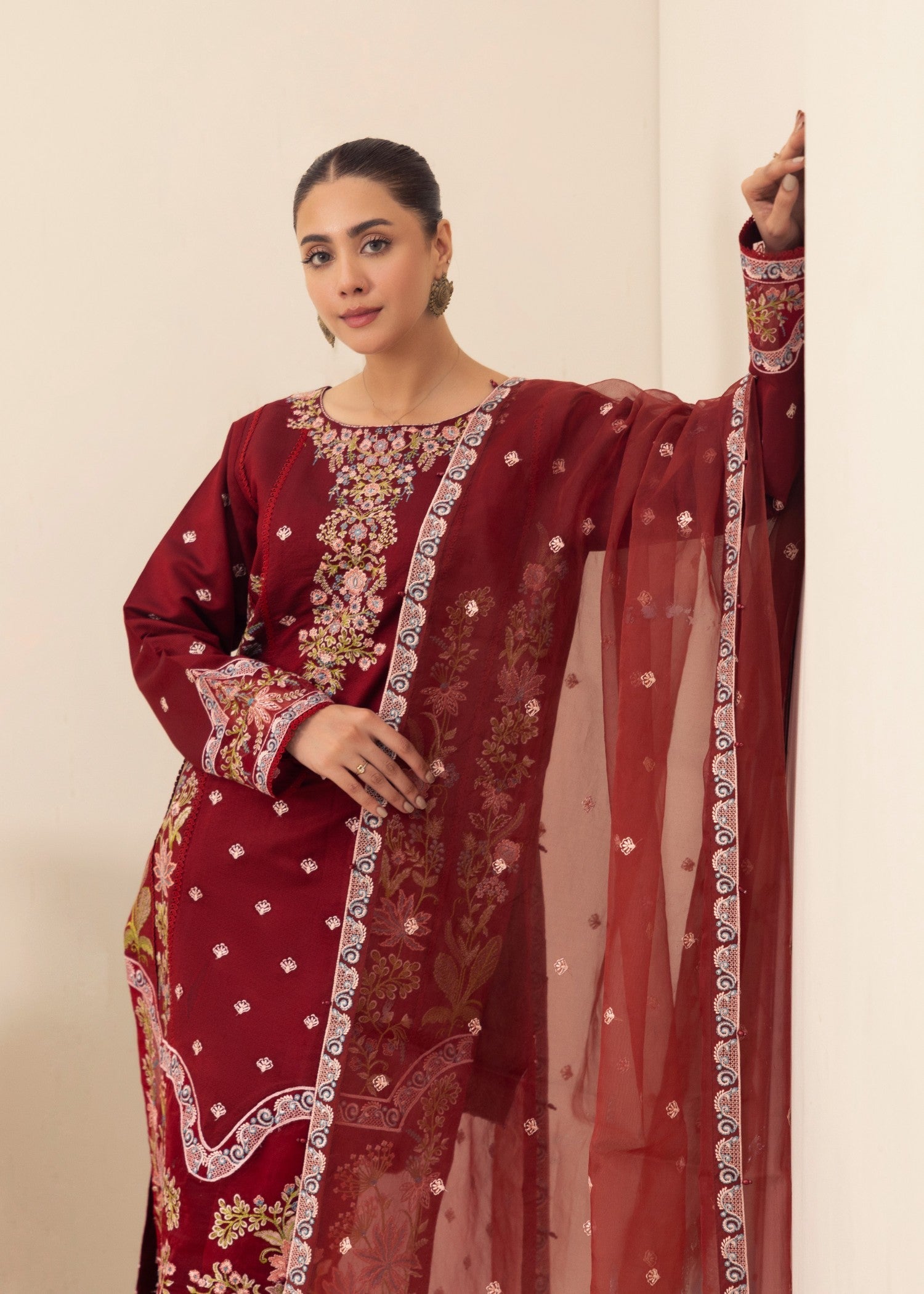 chambray Kurta Set in Maroon