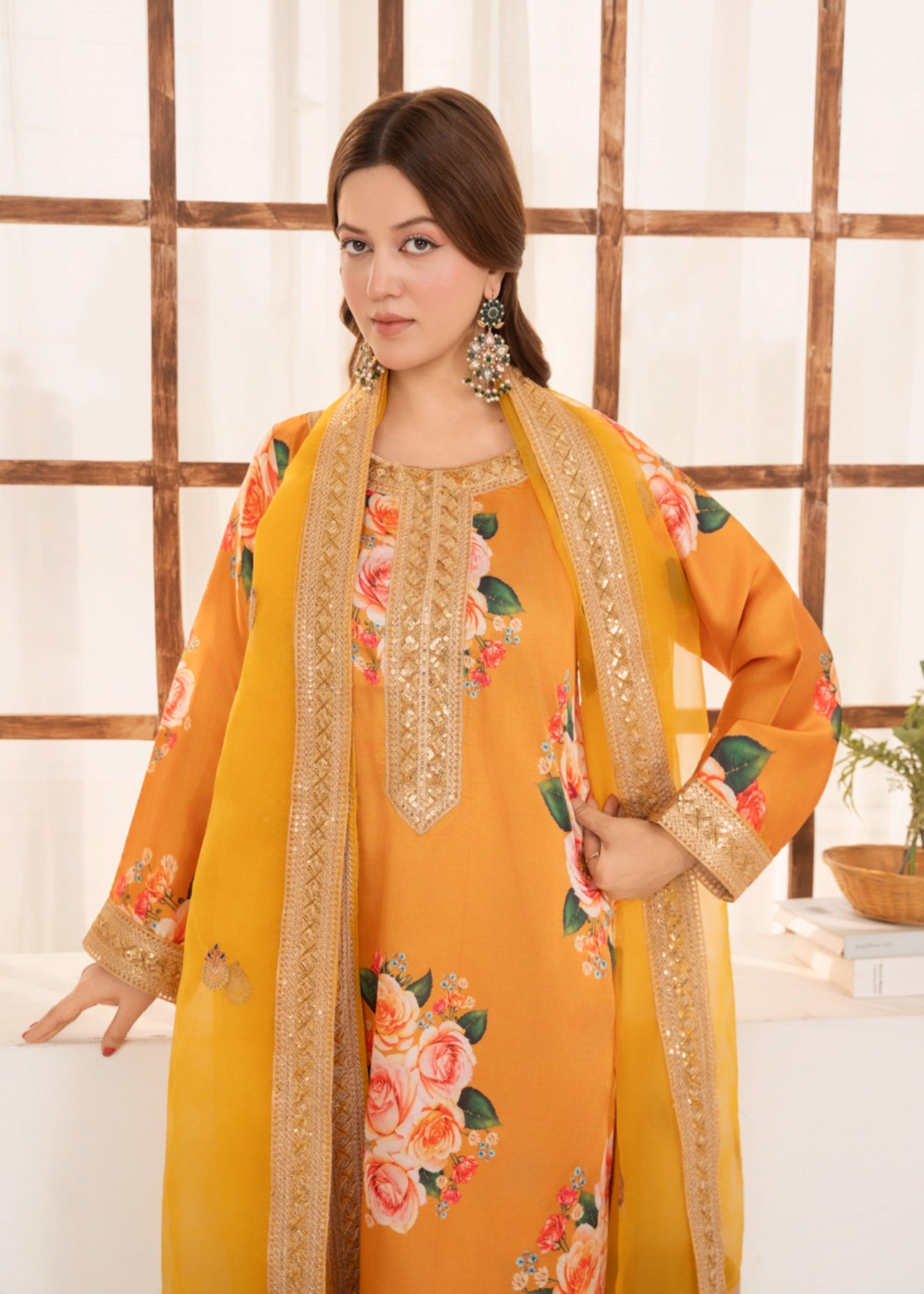 silk charmeuse Kurta Set in Yellow-orange