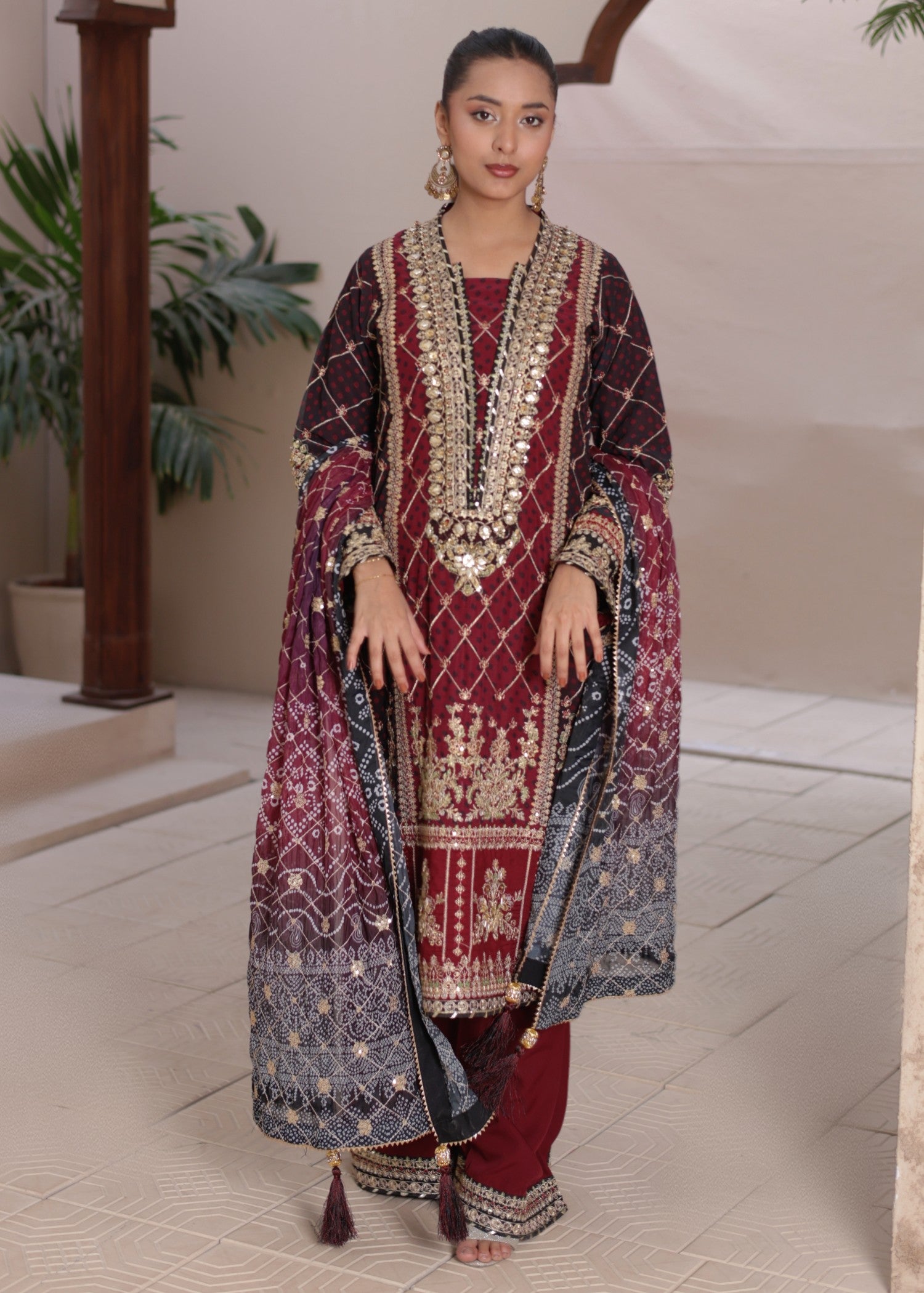 bemberg crinkle chiffon Kurta Set in Maroon