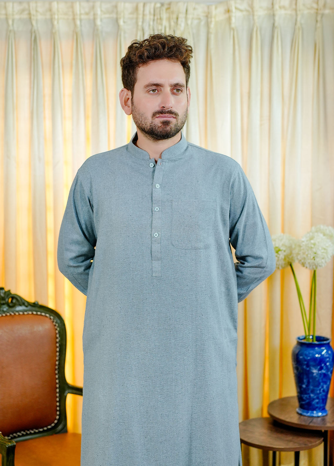 blended wool Shalwar Kameez in Frost blue