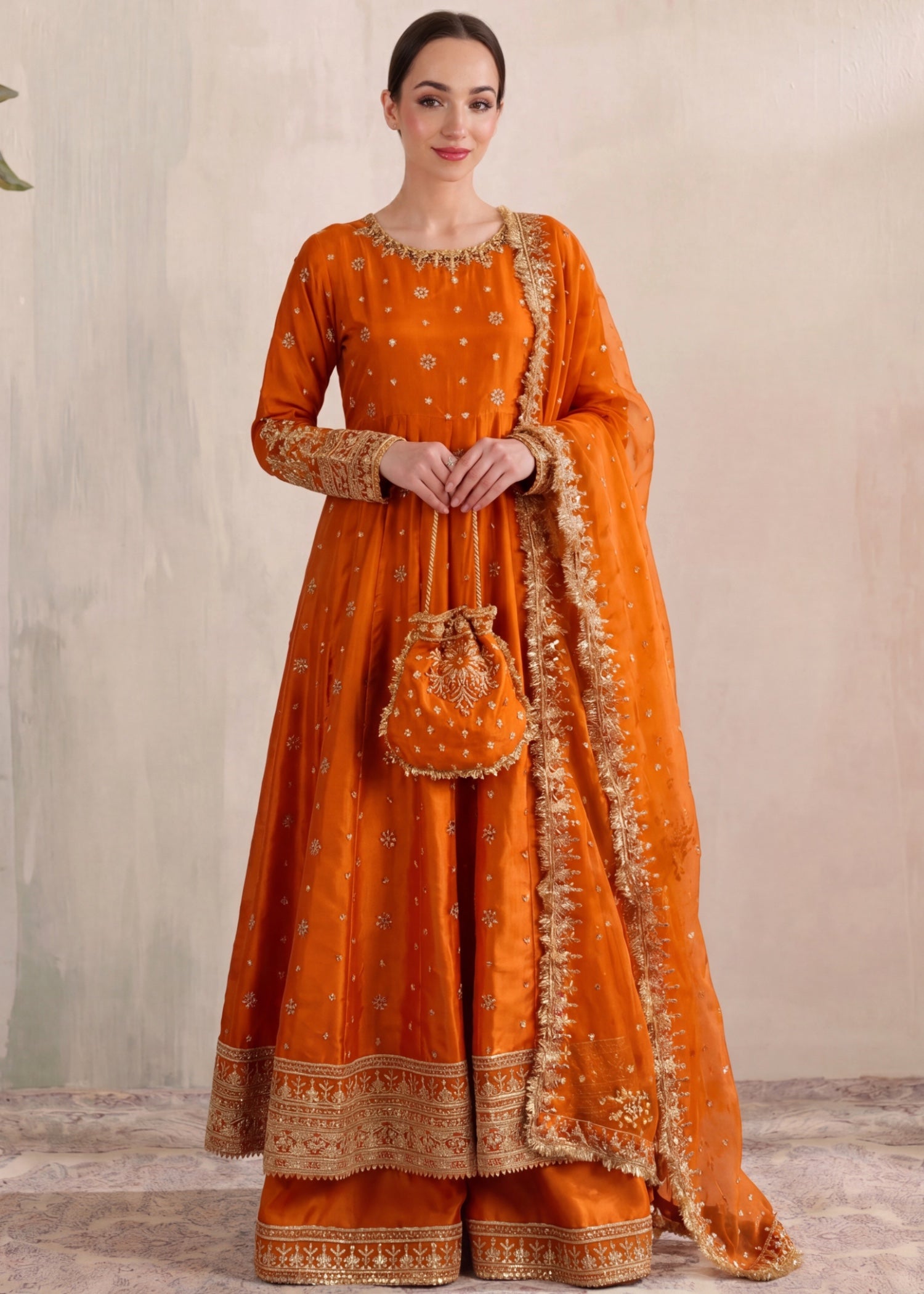 silk Pishwas in Rust orange
