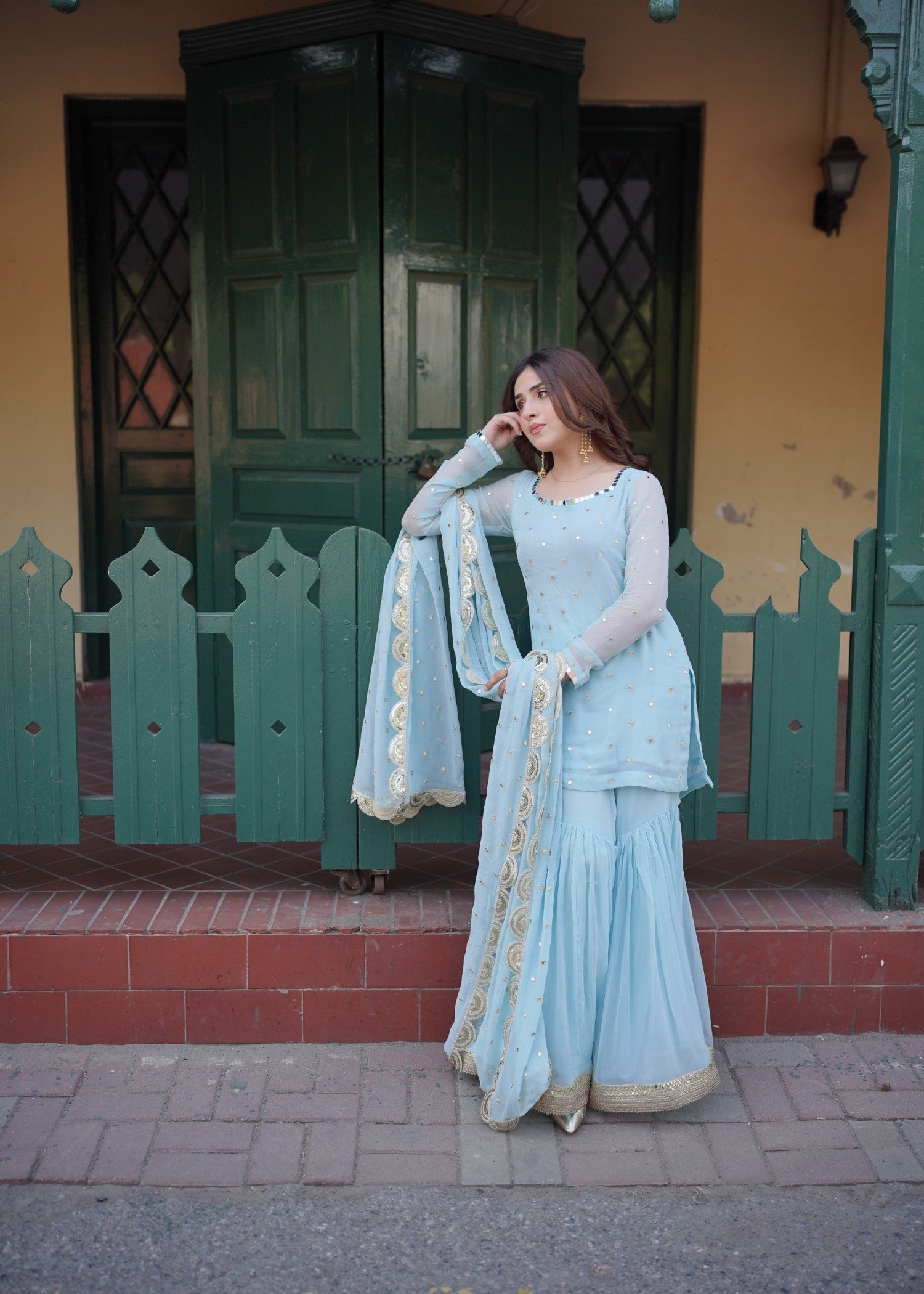 chiffon Gharara in Arctic blue