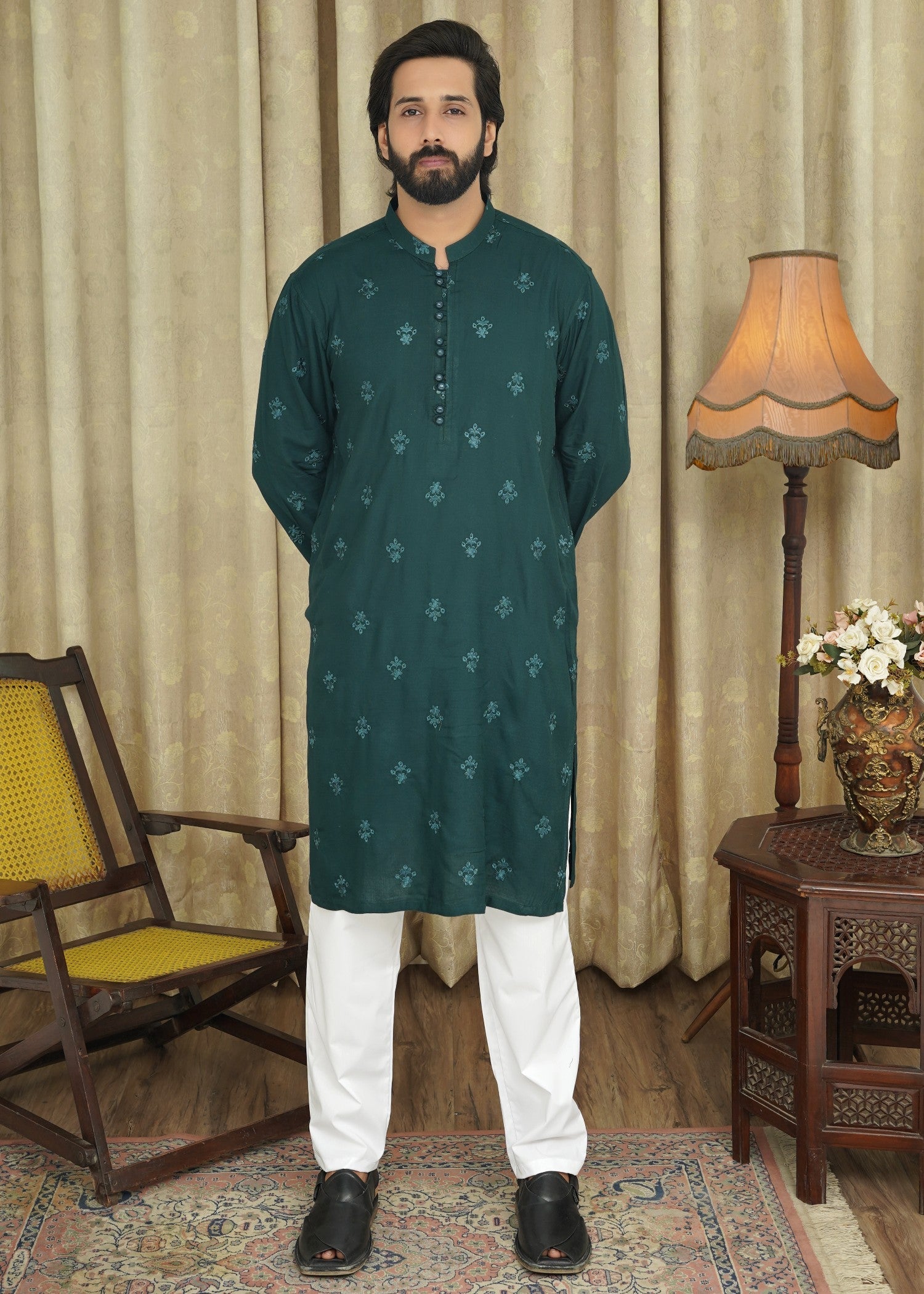 cotton linen Kurta in Dark green by Maqsood Garments