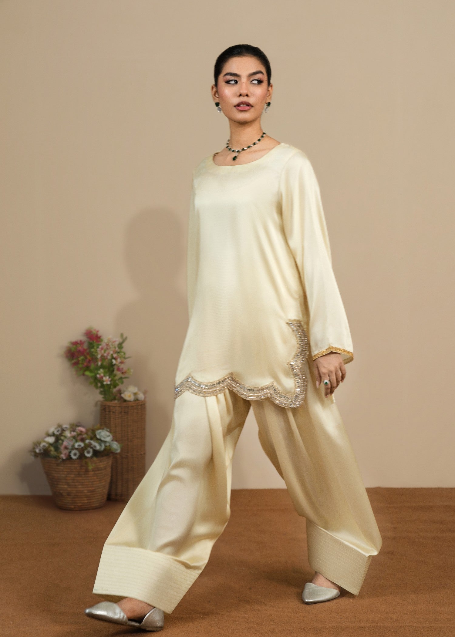 silk Kurta Set in Pale yellow