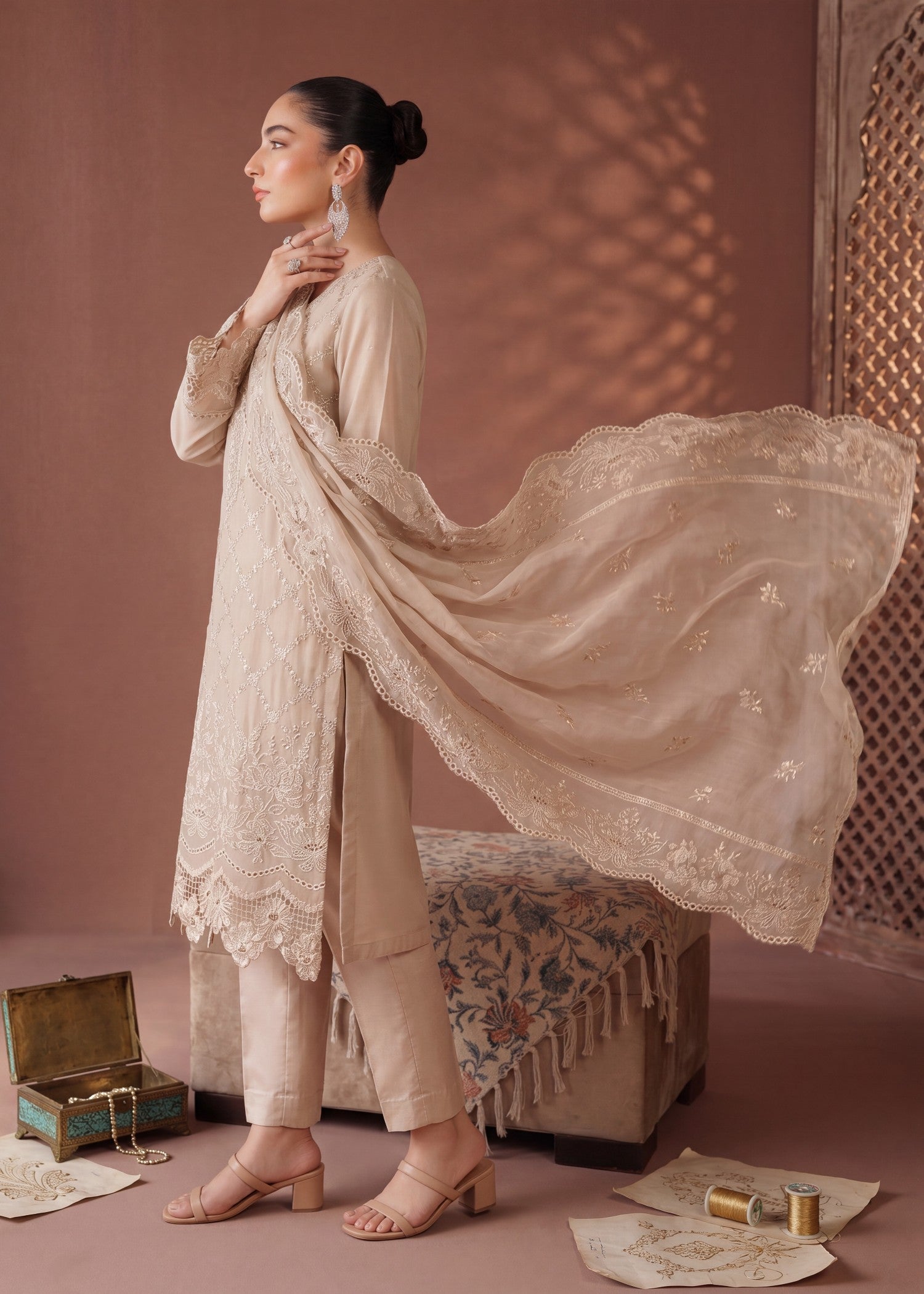 chiffon Kurta Set in Wheat