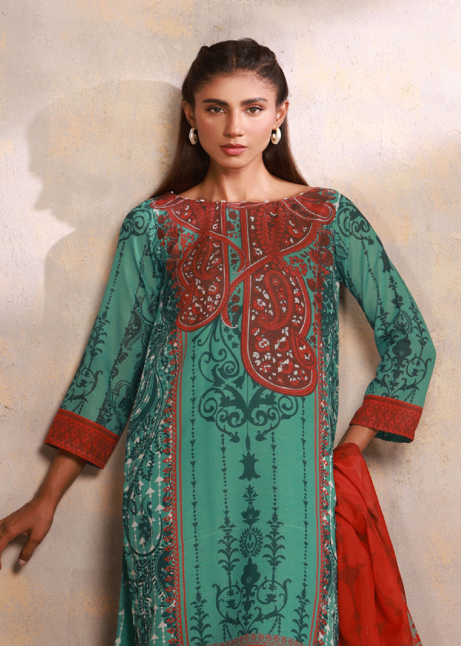 slub lawn Kurta Set in Aquamarine