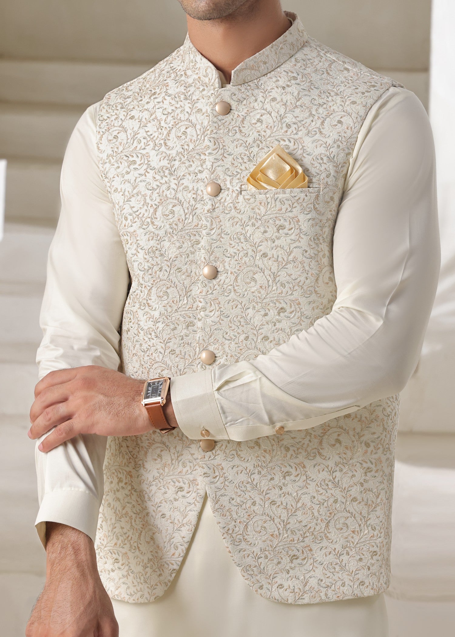 jamawar Waistcoat in Off-white by Bin Musab