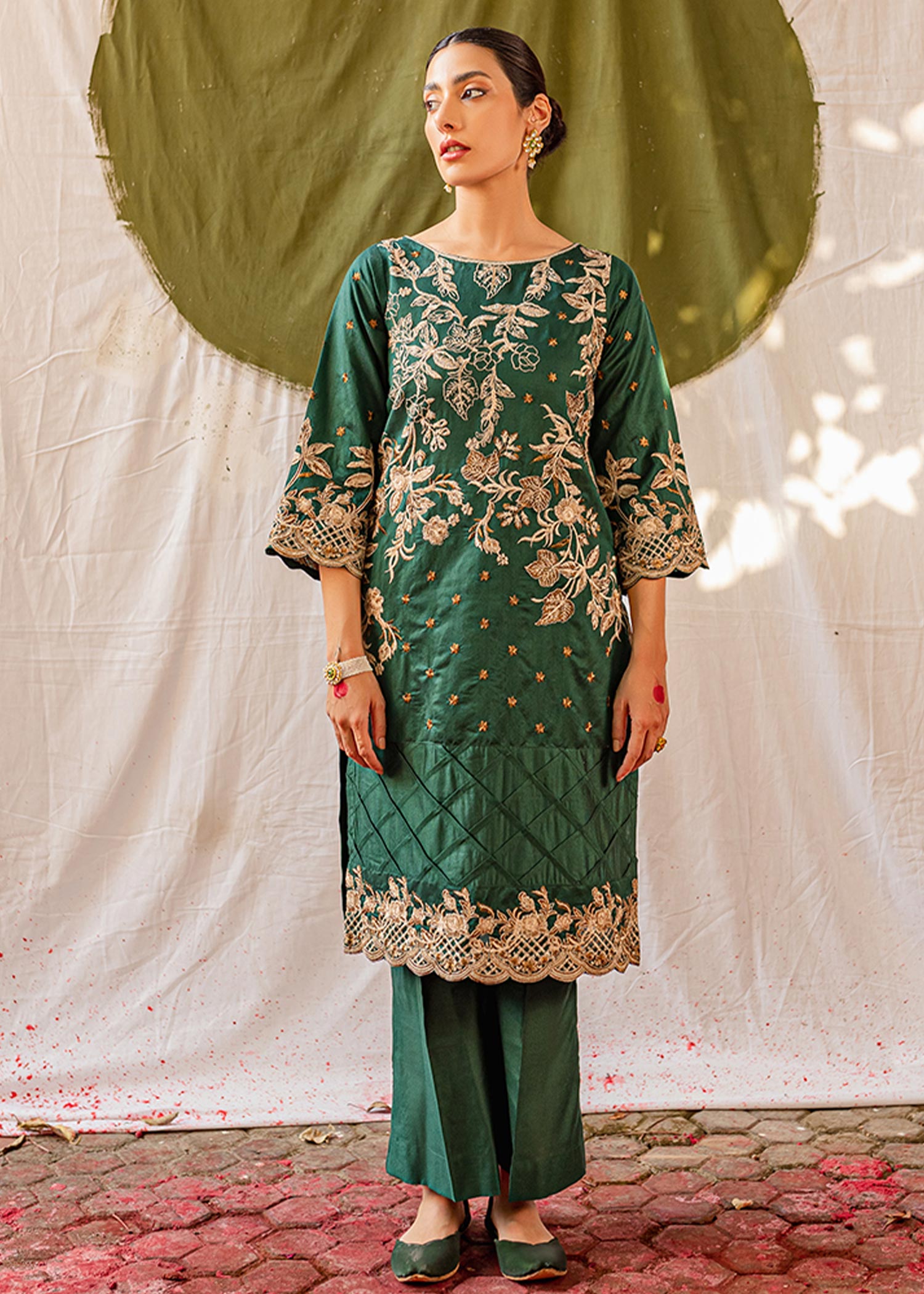 chambray Kurta Set in Green