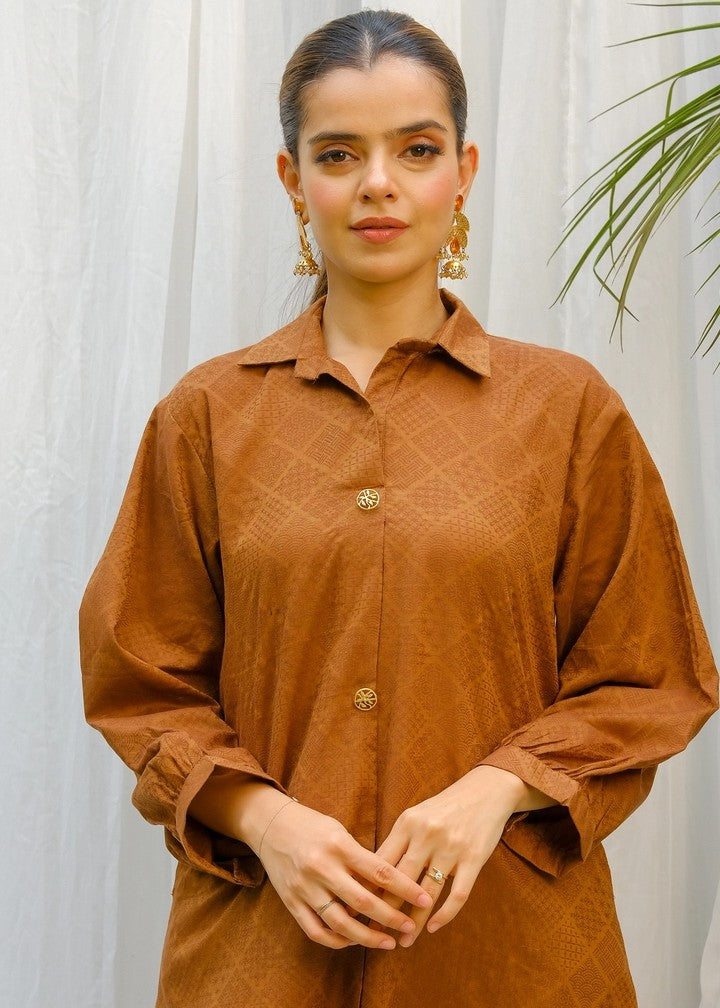 jacquard Kurta Set in Brown
