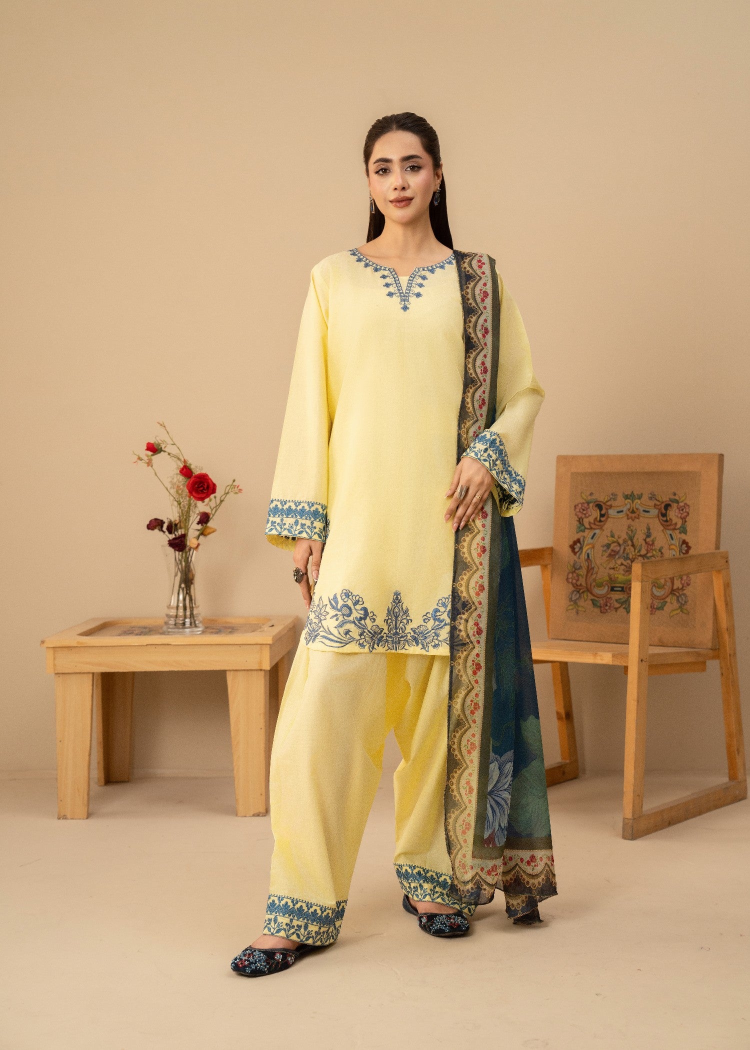 lawn cotton Kurta Set in Yellow, butter