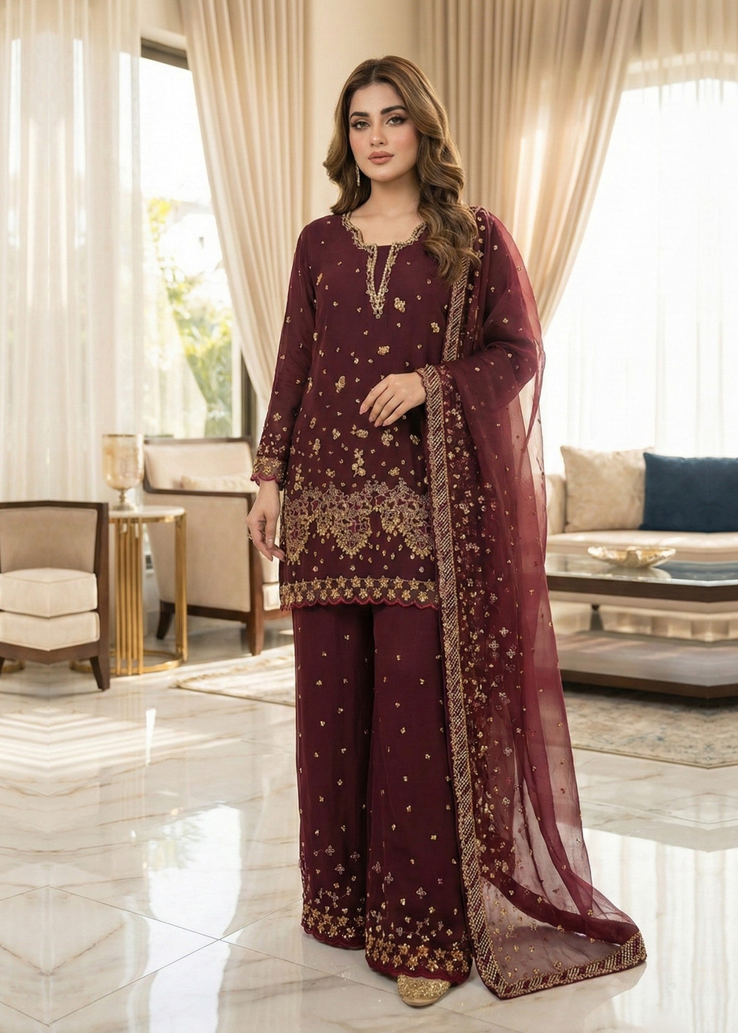 raw silk Kurta Set in Burgundy