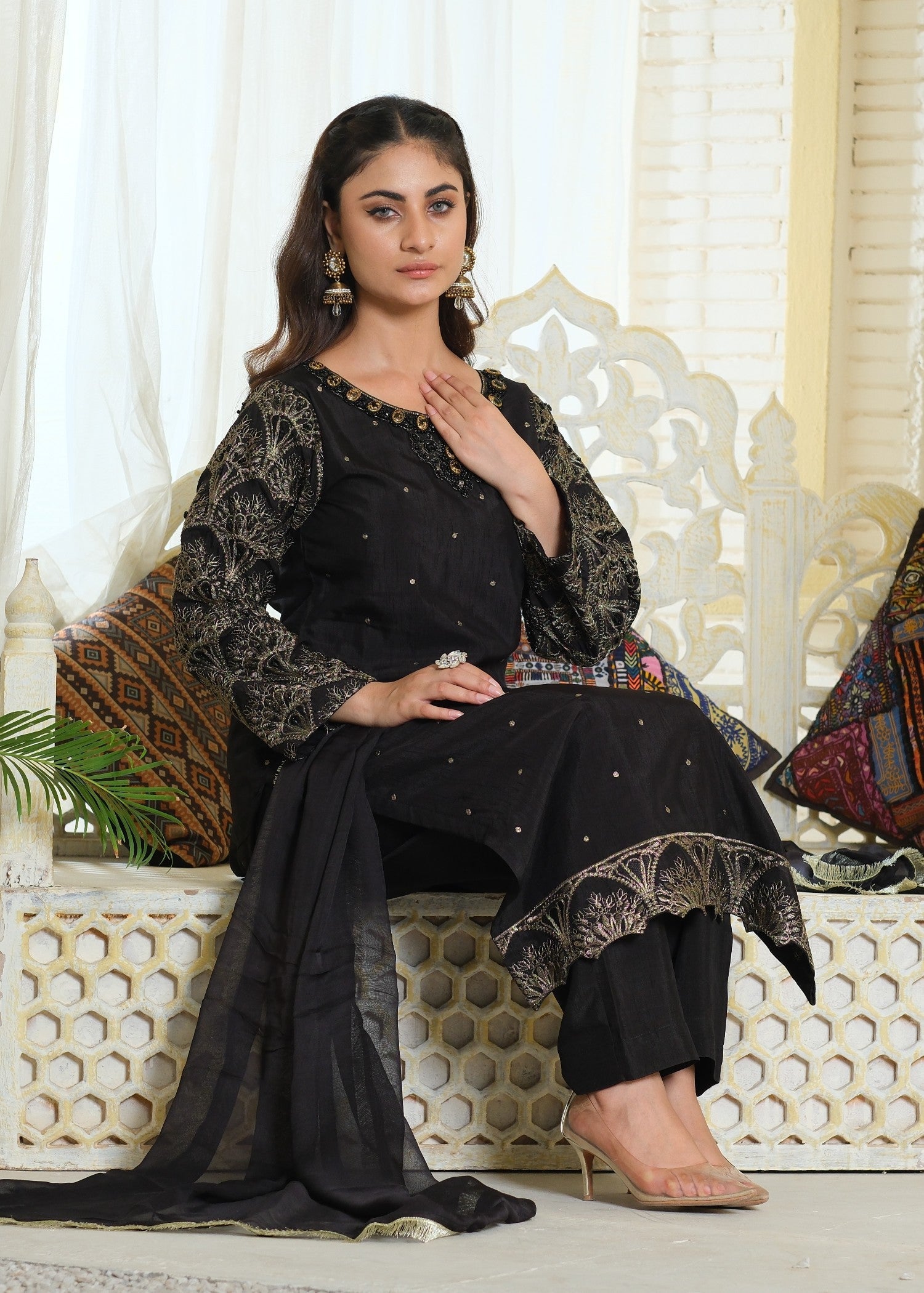 raw silk Kurta Set in Jet black