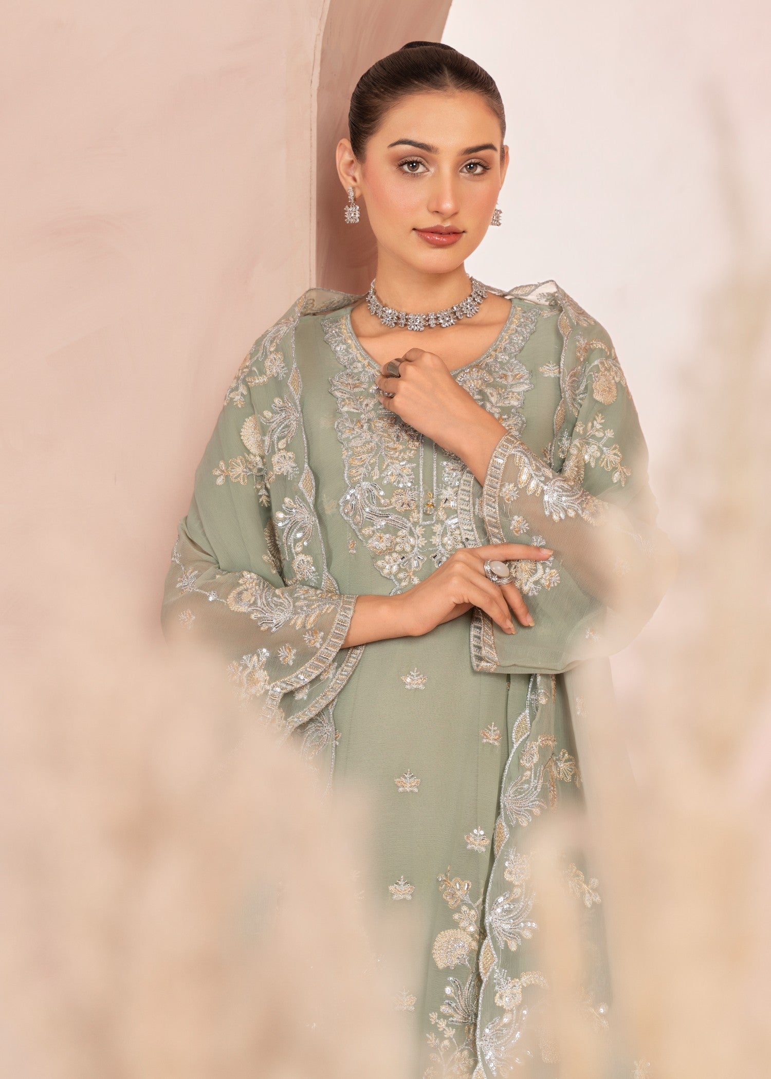 bemberg crinkle chiffon Short Frock in Pistachio green