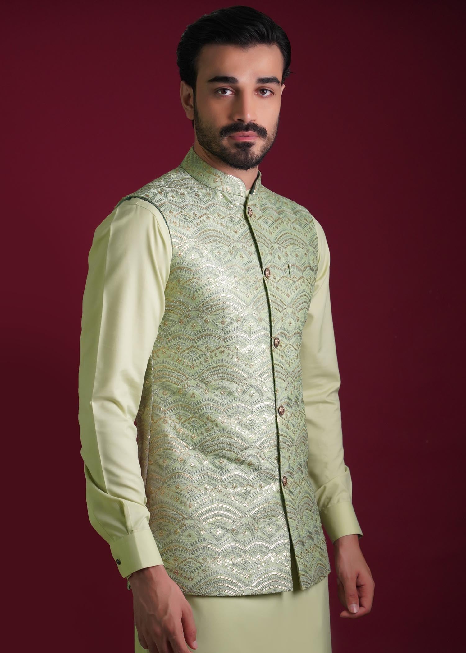 raw silk Waistcoat in Pistachio green
