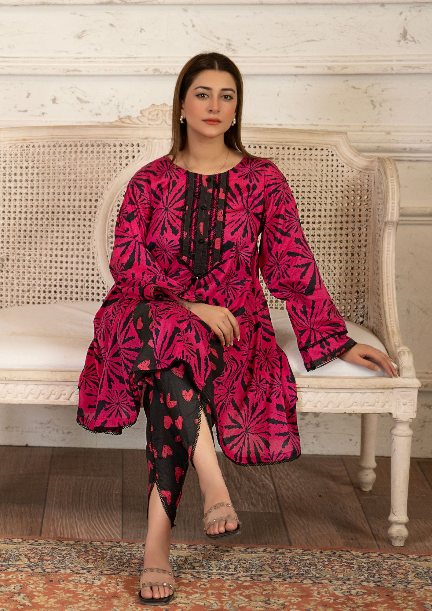lawn Peplum in Black, hot pink