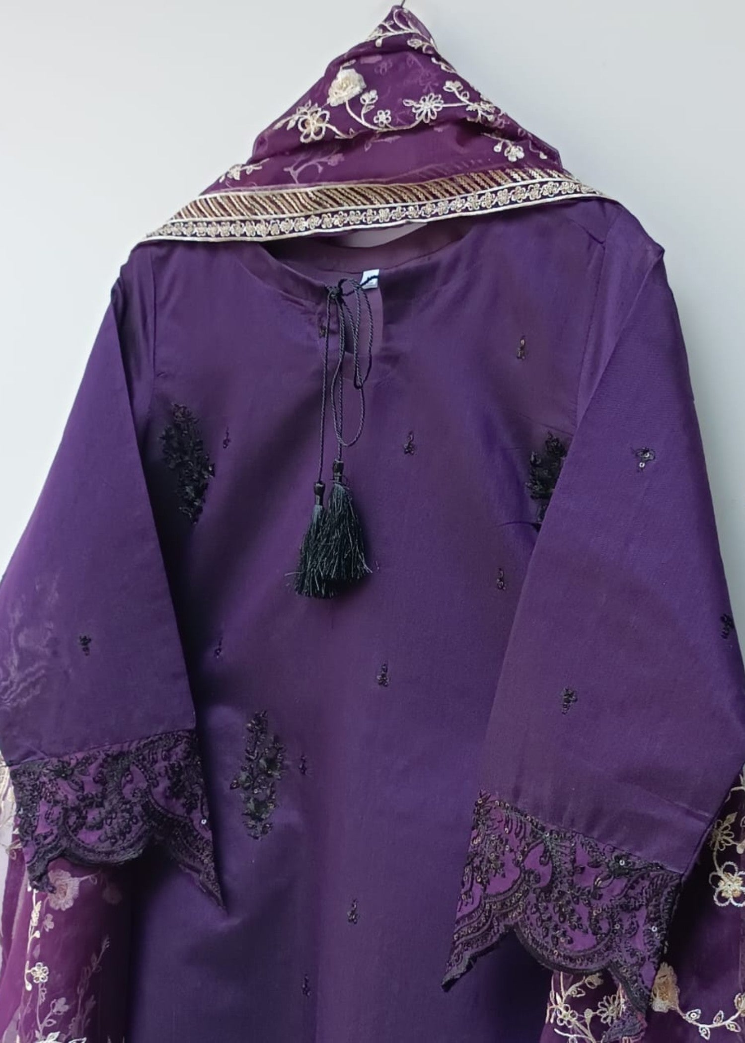 khaddi net Kurta Set in Purple heart