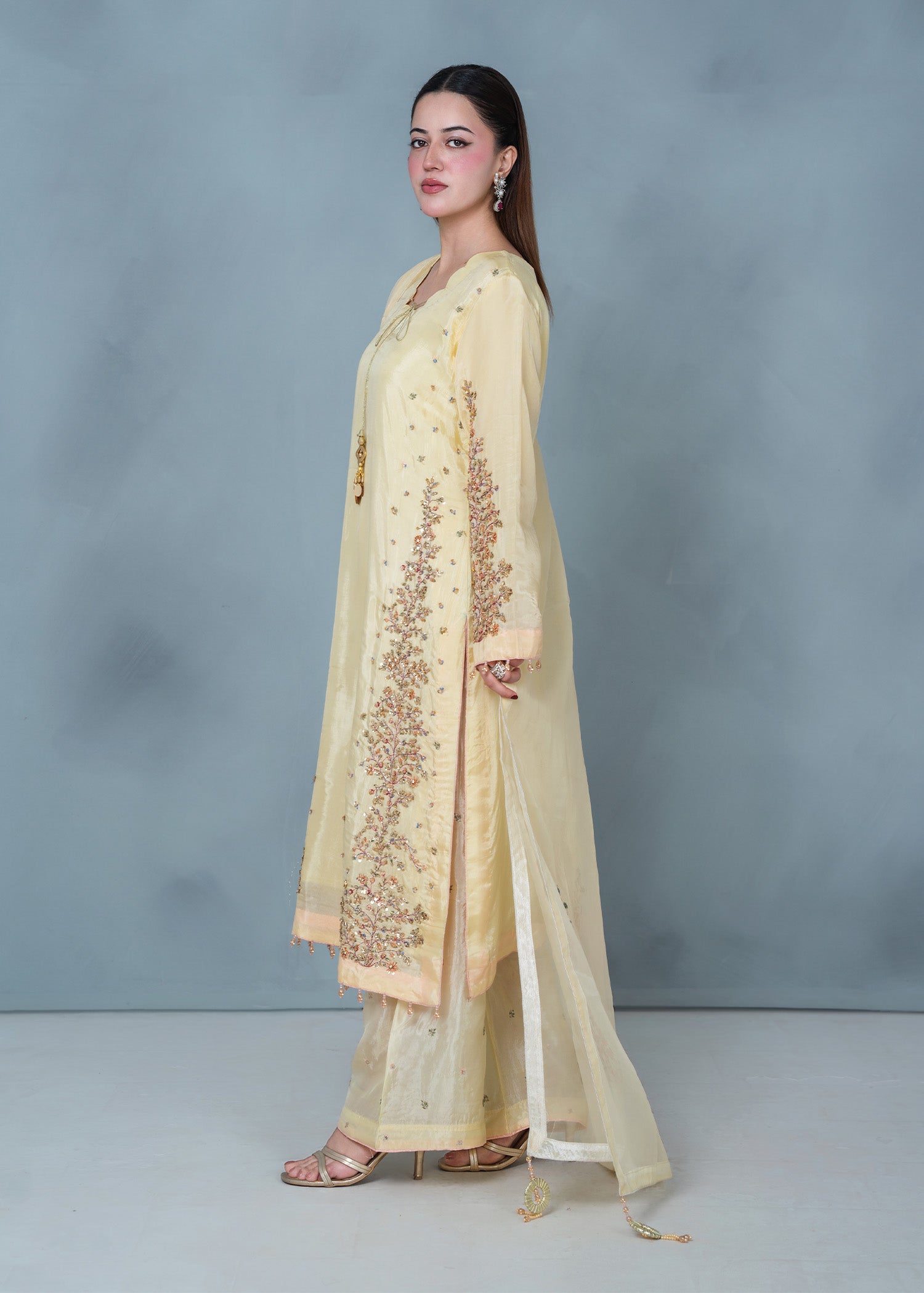 tissue silk Kurta Set in Lemon