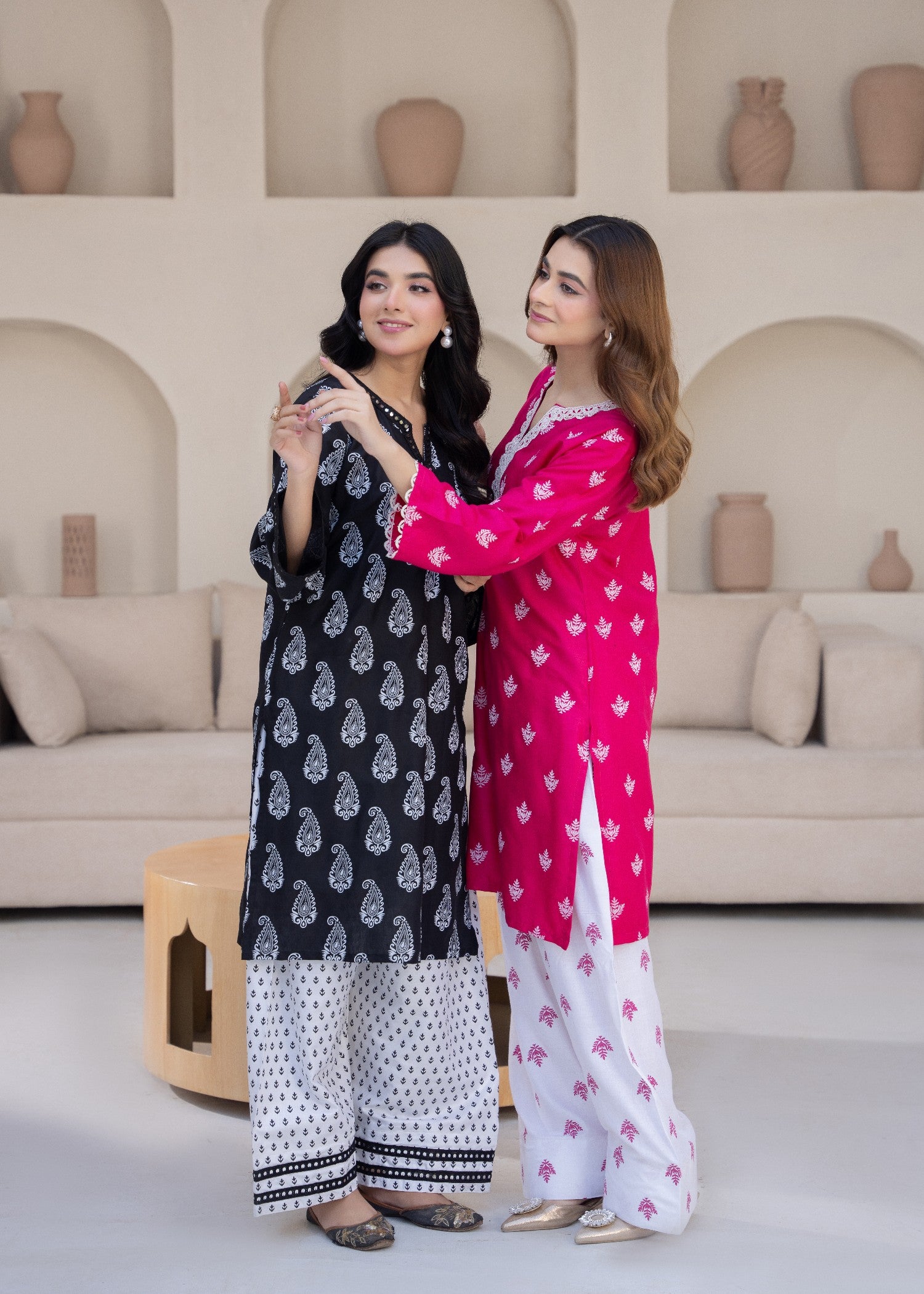 linen Kurta Set in White, hot pink red
