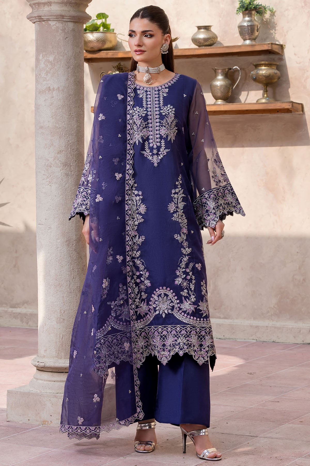 organza Kurta Set in Dark blue
