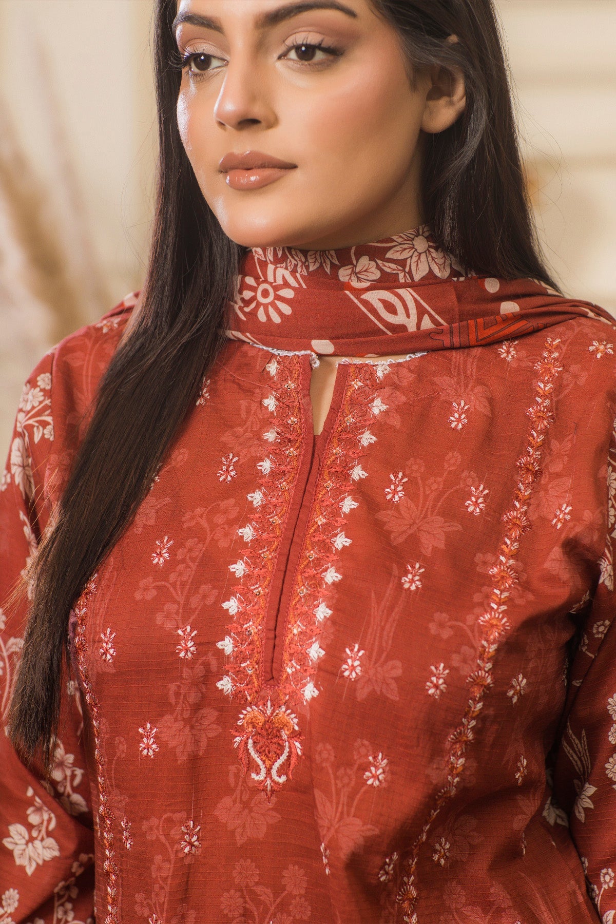 lawn voile Kurta Set in Rust orange
