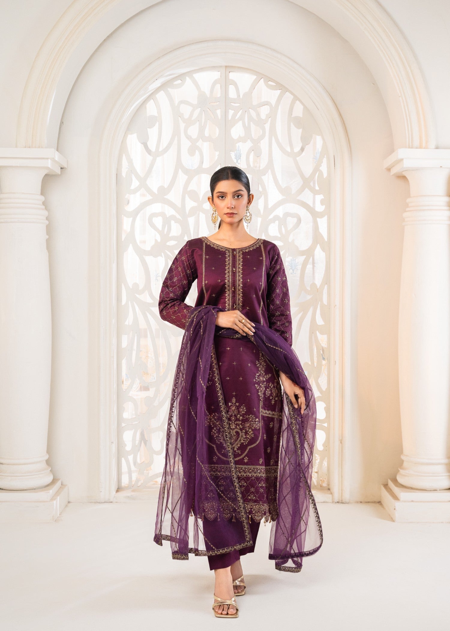 silk cotton net Kurta Set in Plum