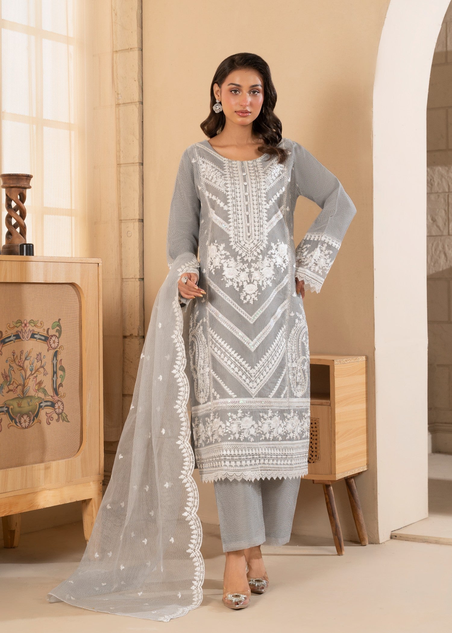 khaddi net Kurta Set in Ash grey
