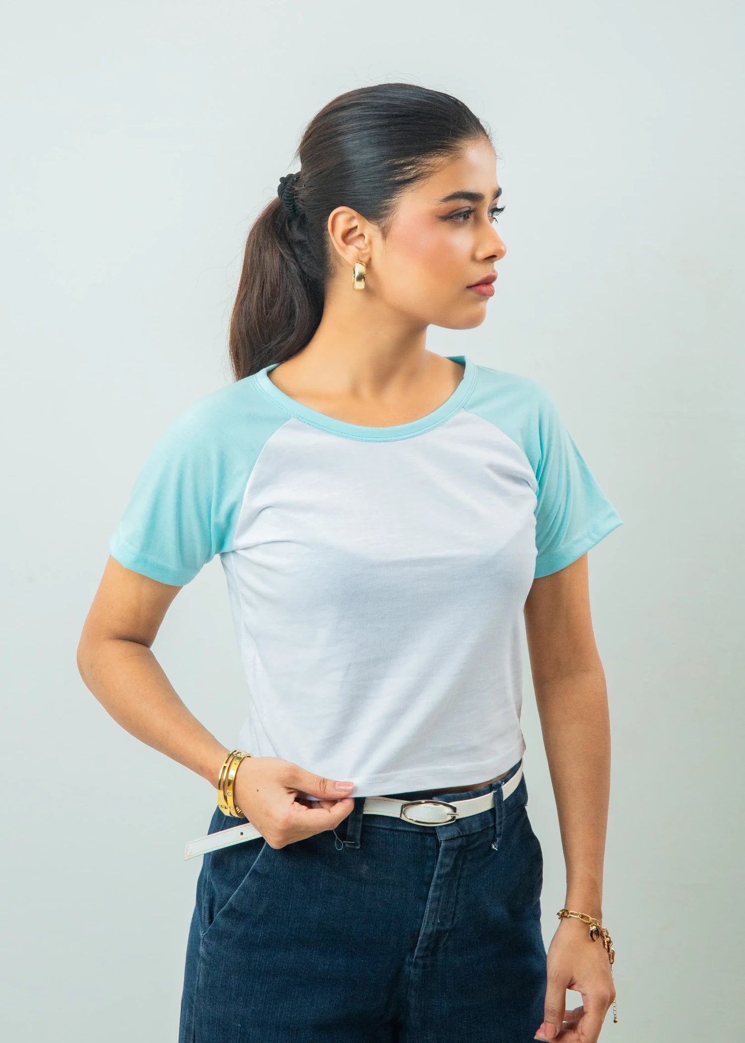 cotton jersey Top in Ice blue, white
