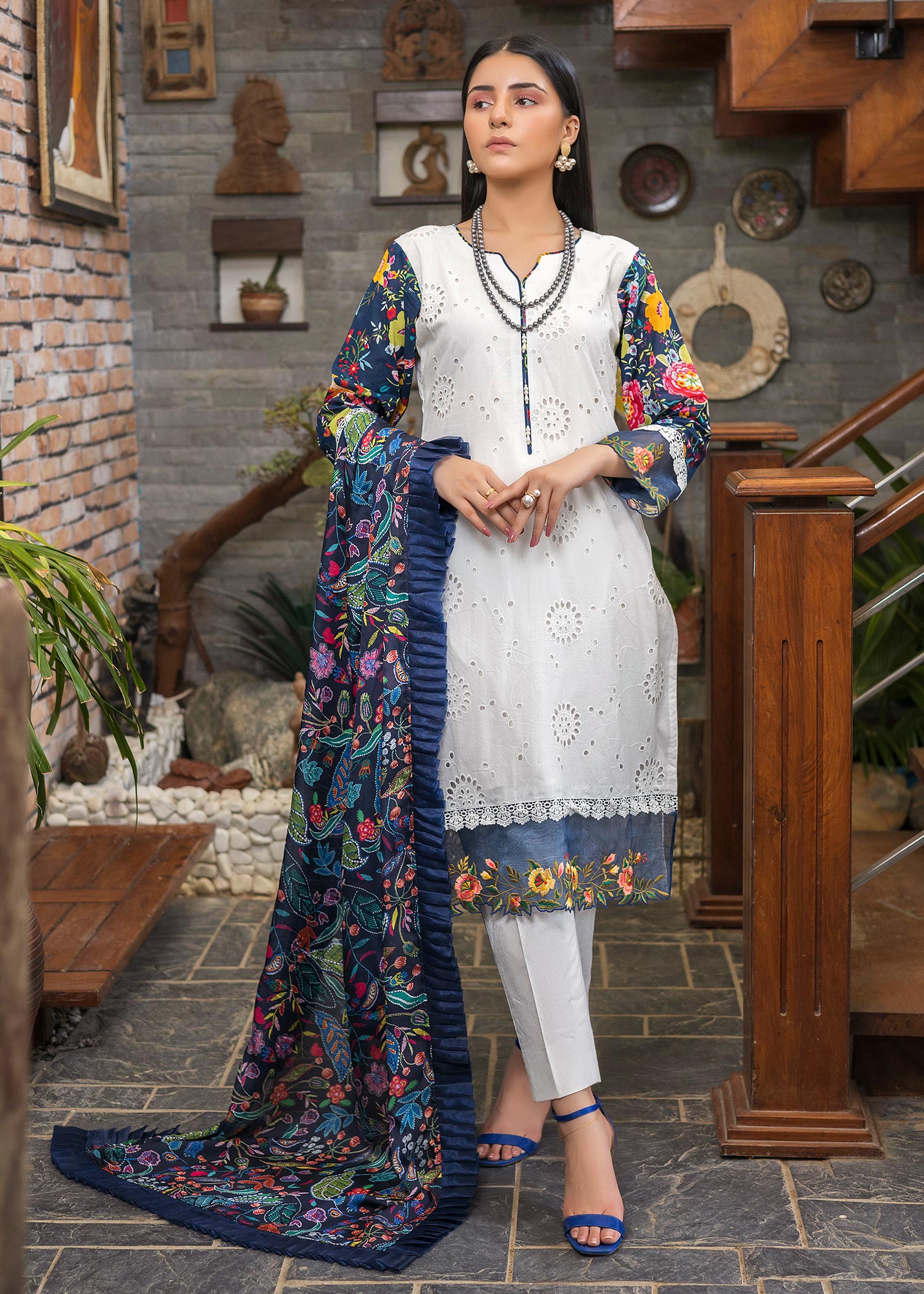 schiffli Kurta Set in White